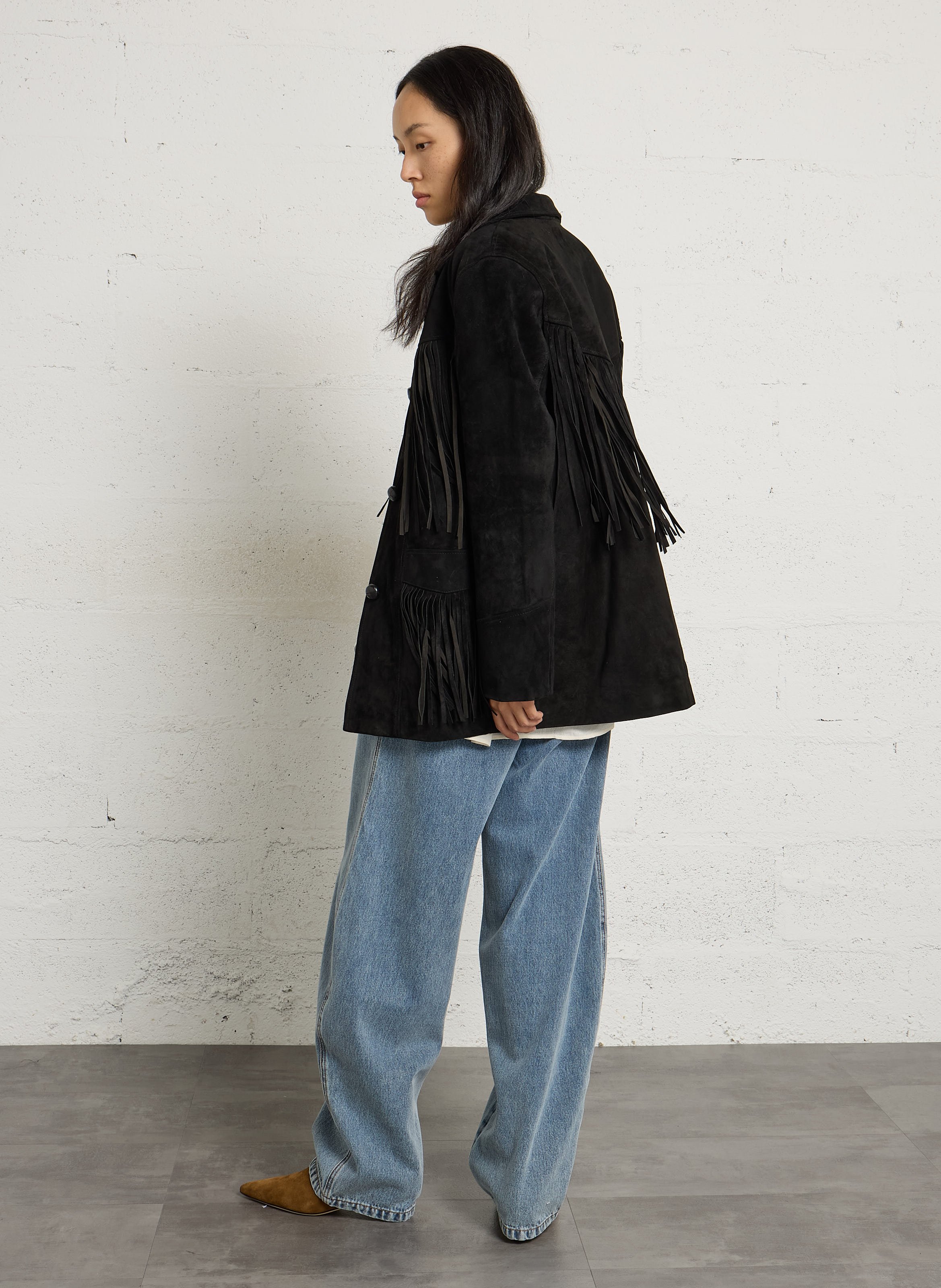 Veste droite à franges en suède SCHOTT Noir