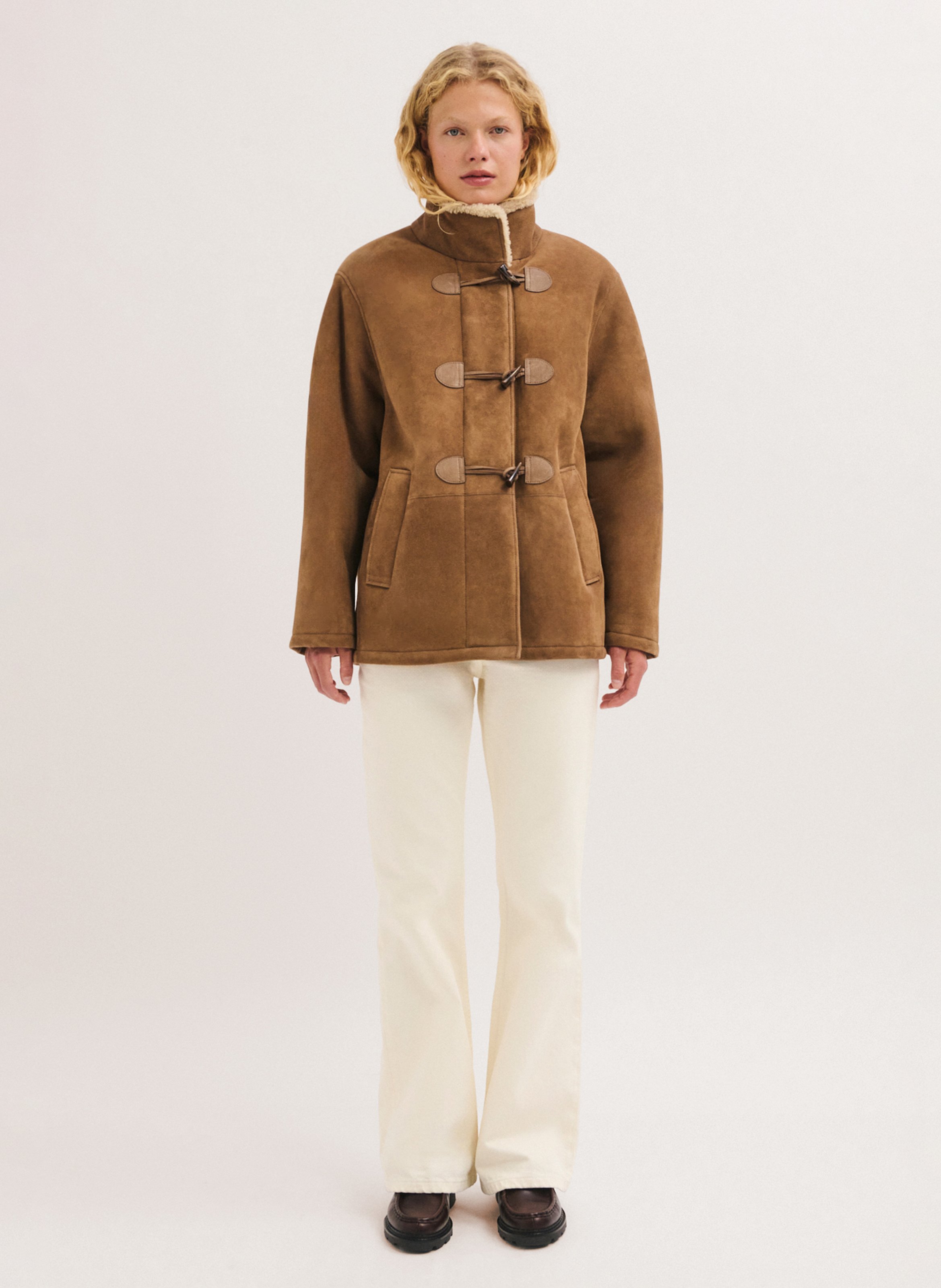 Manteau col montant droit uni en cuir PABLO Marron
