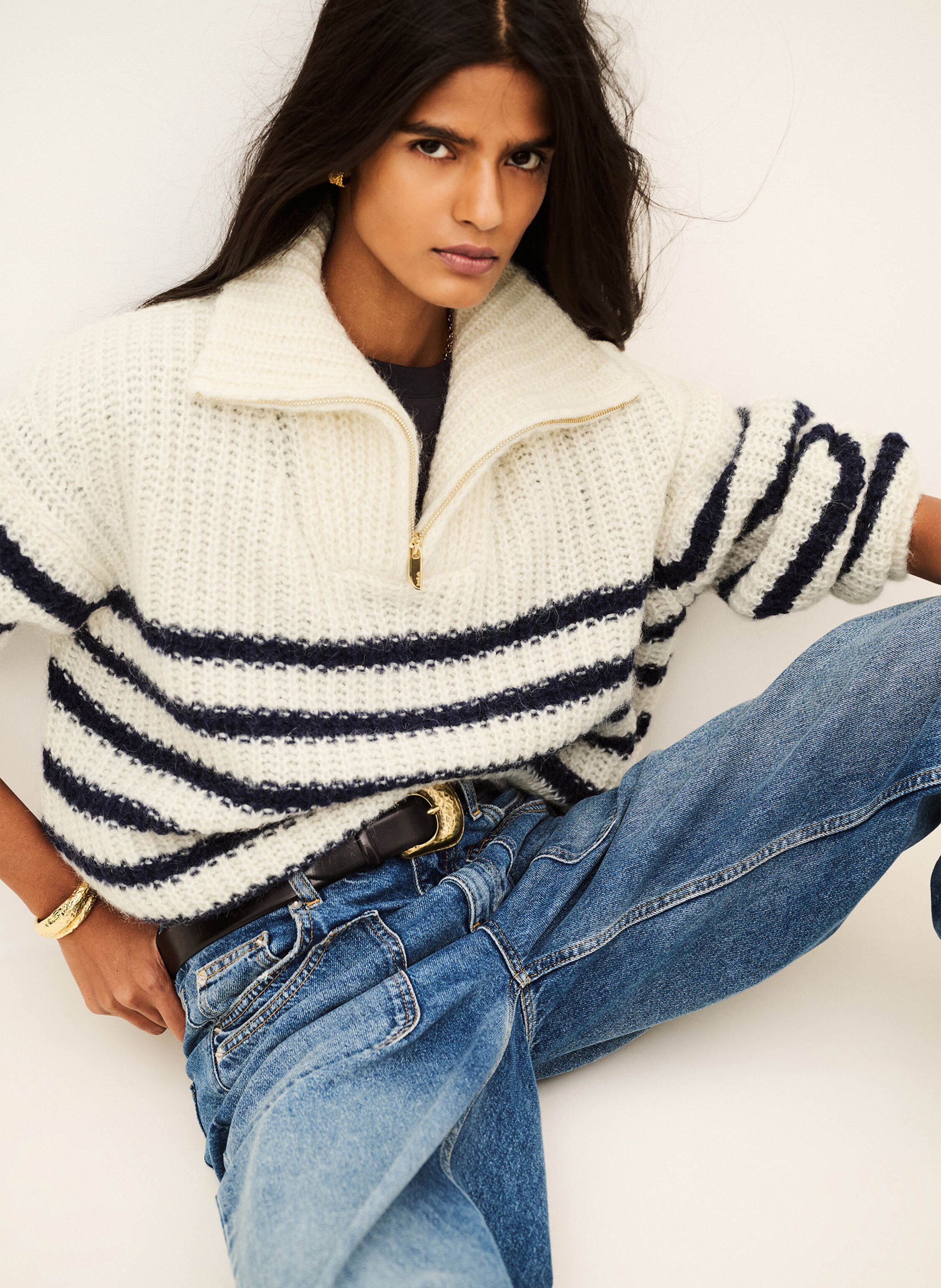 Pullover mit Zip-Kragen aus Woll-Mix | Blau BA&SH Damen