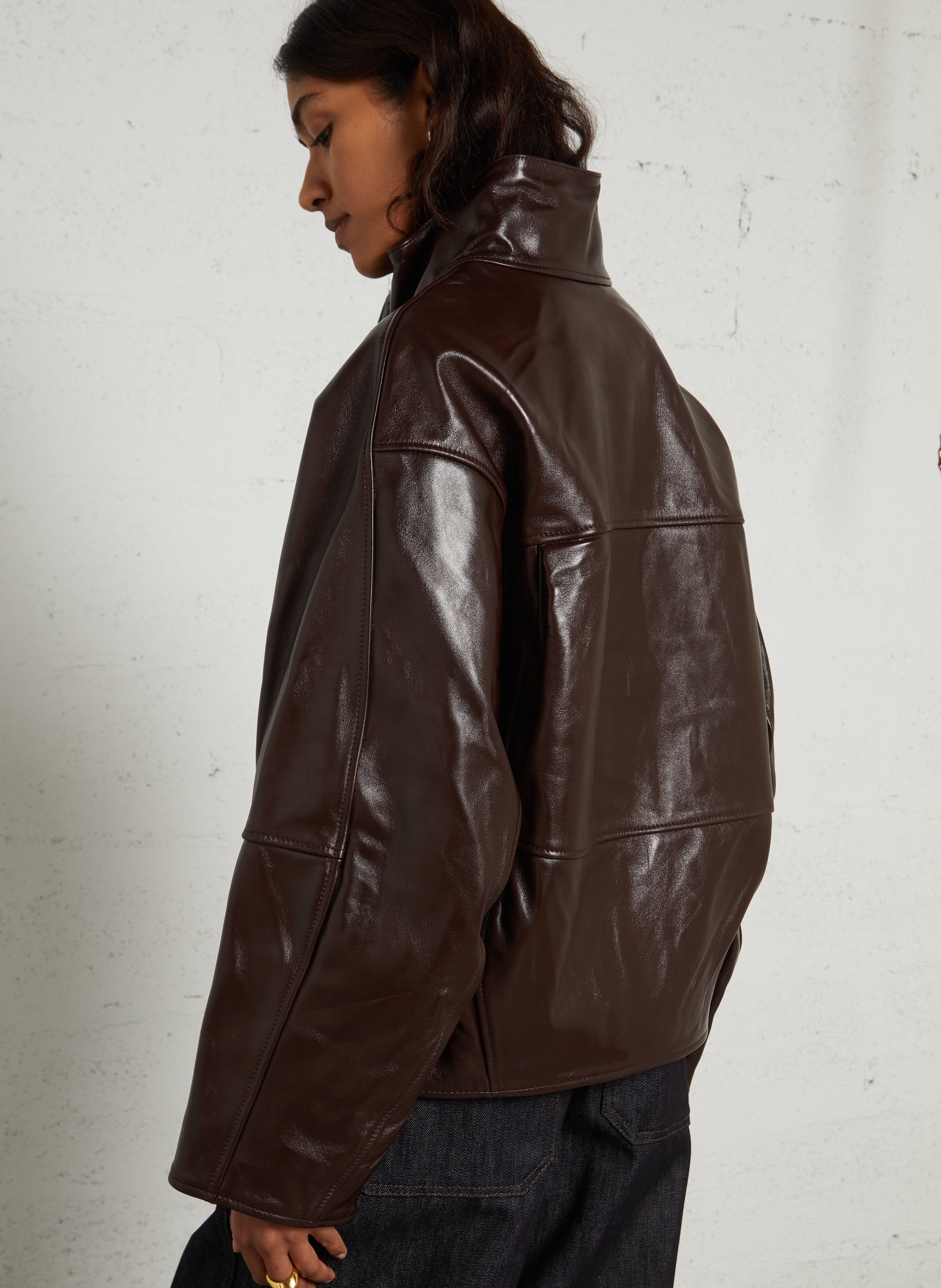 Loose-fitting high-neck leather jacket SOEUR Brown