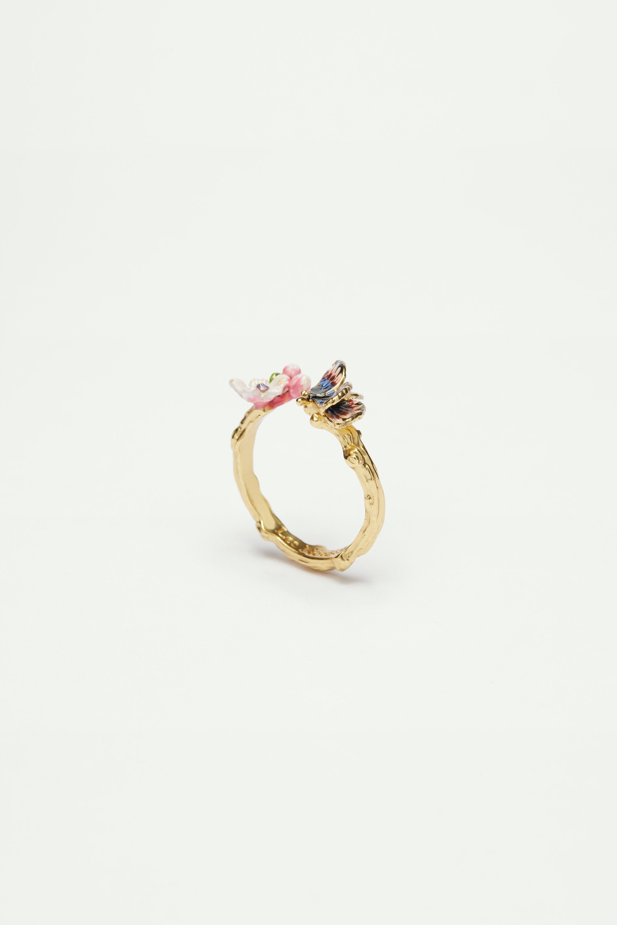 Adjustable ring with Japanese butterfly and cherry blossom flower LES NEREIDES Multicolored