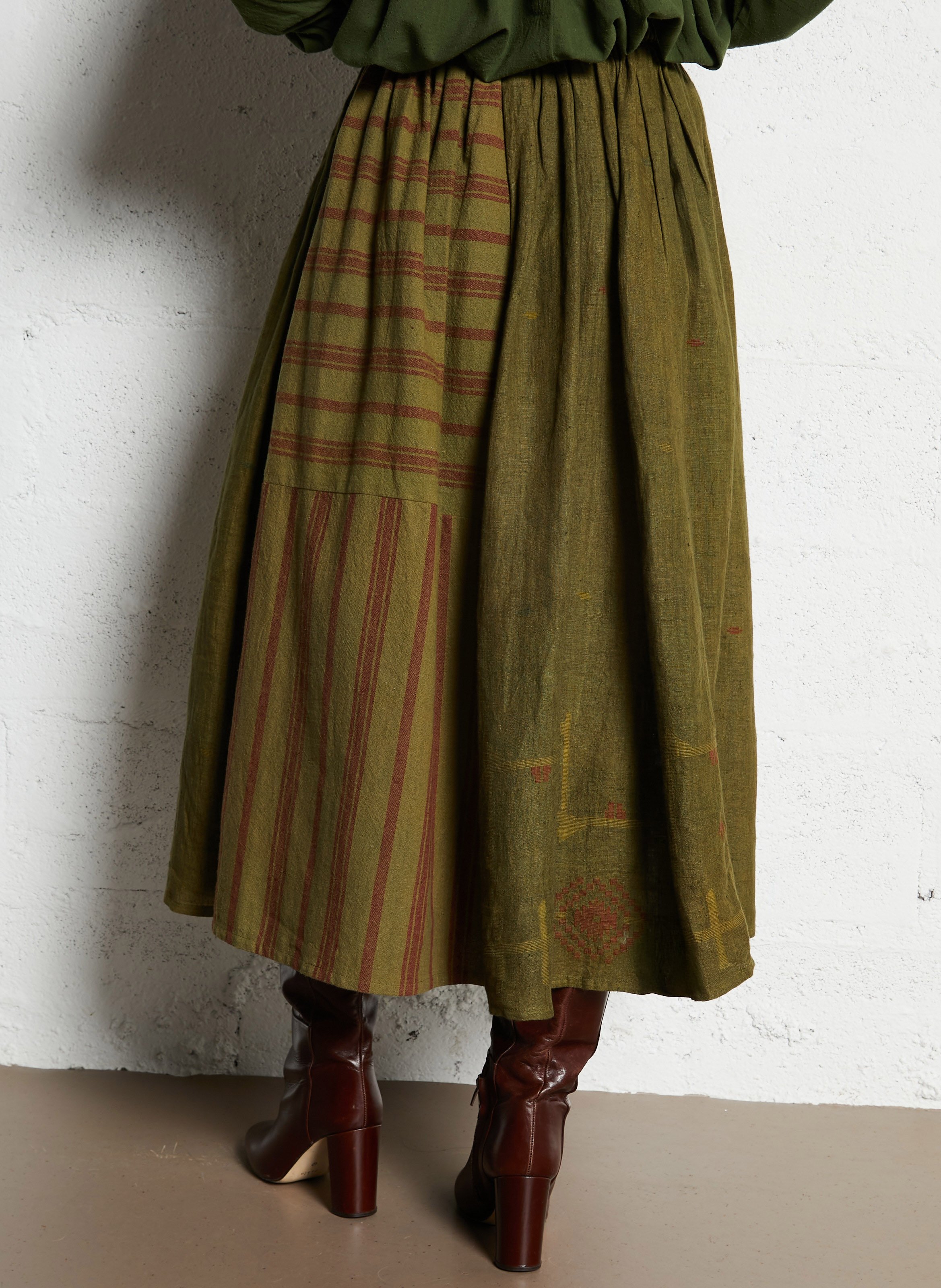 Flared Midi Skirt with Striped Details V DE VINSTER Khaki