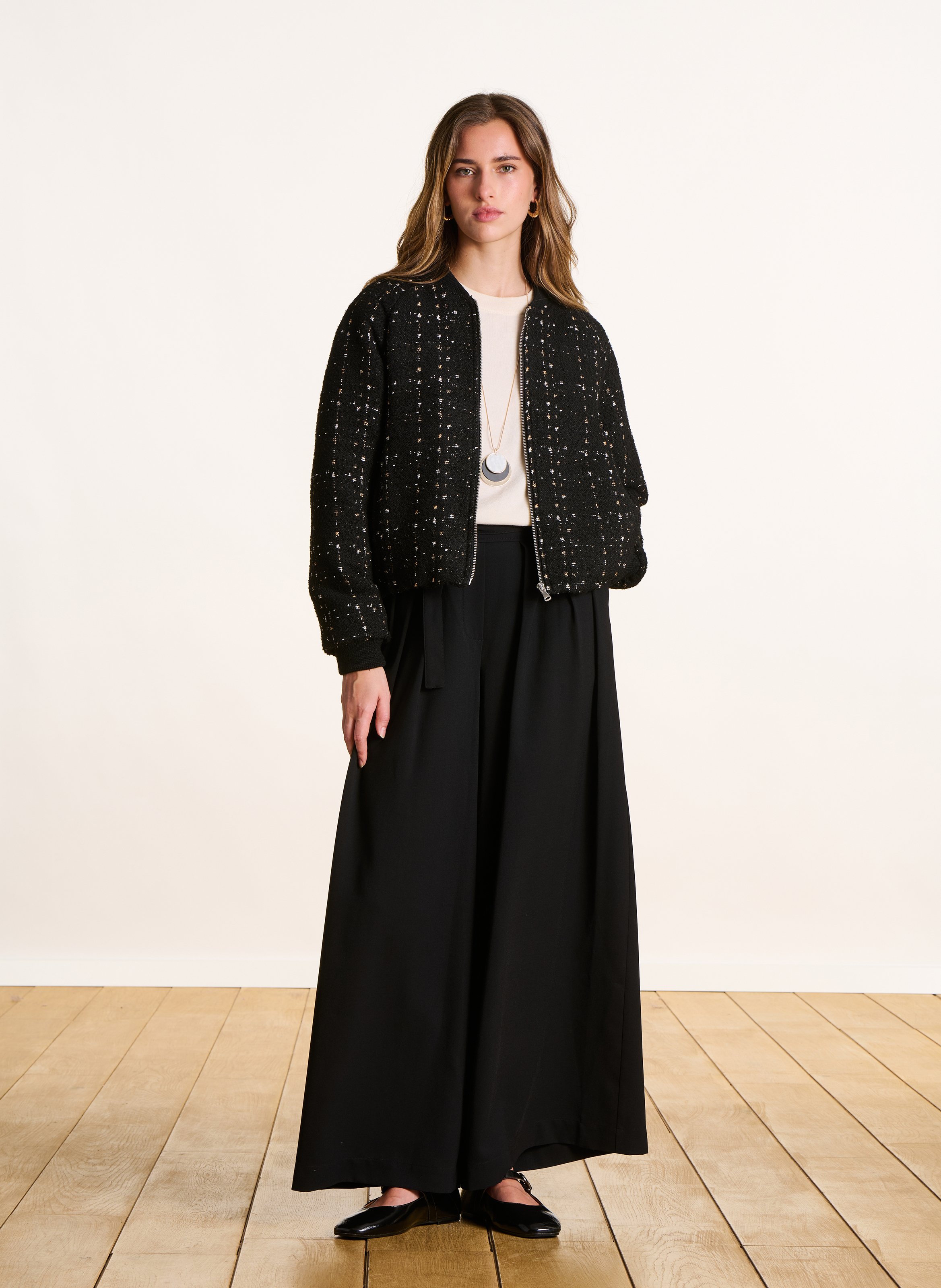 Zip-up round neck tweed effect jacket LA FEE MARABOUTEE Black