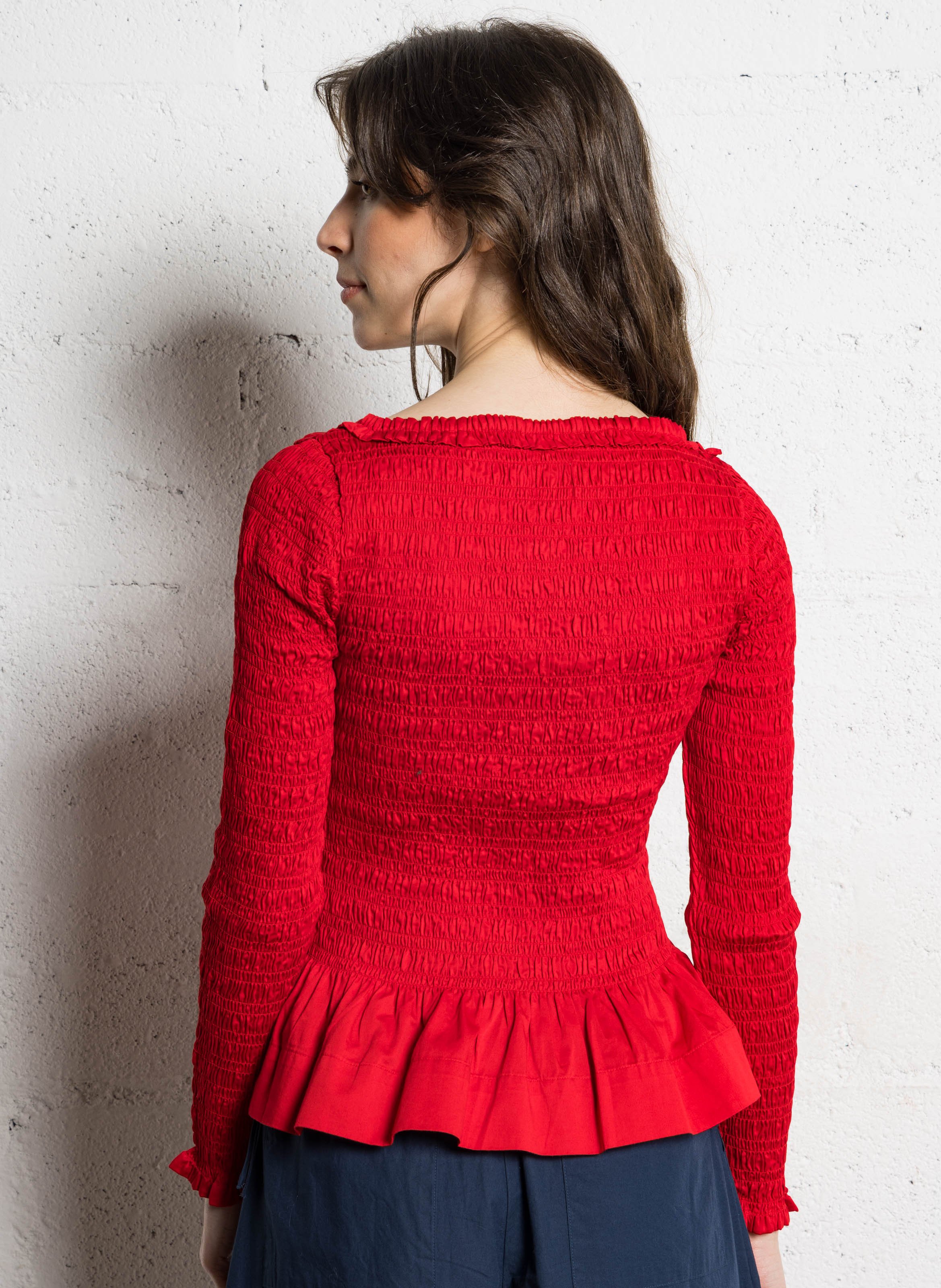 Top manches longues froncé en coton bio DAMSON MADDER Rouge