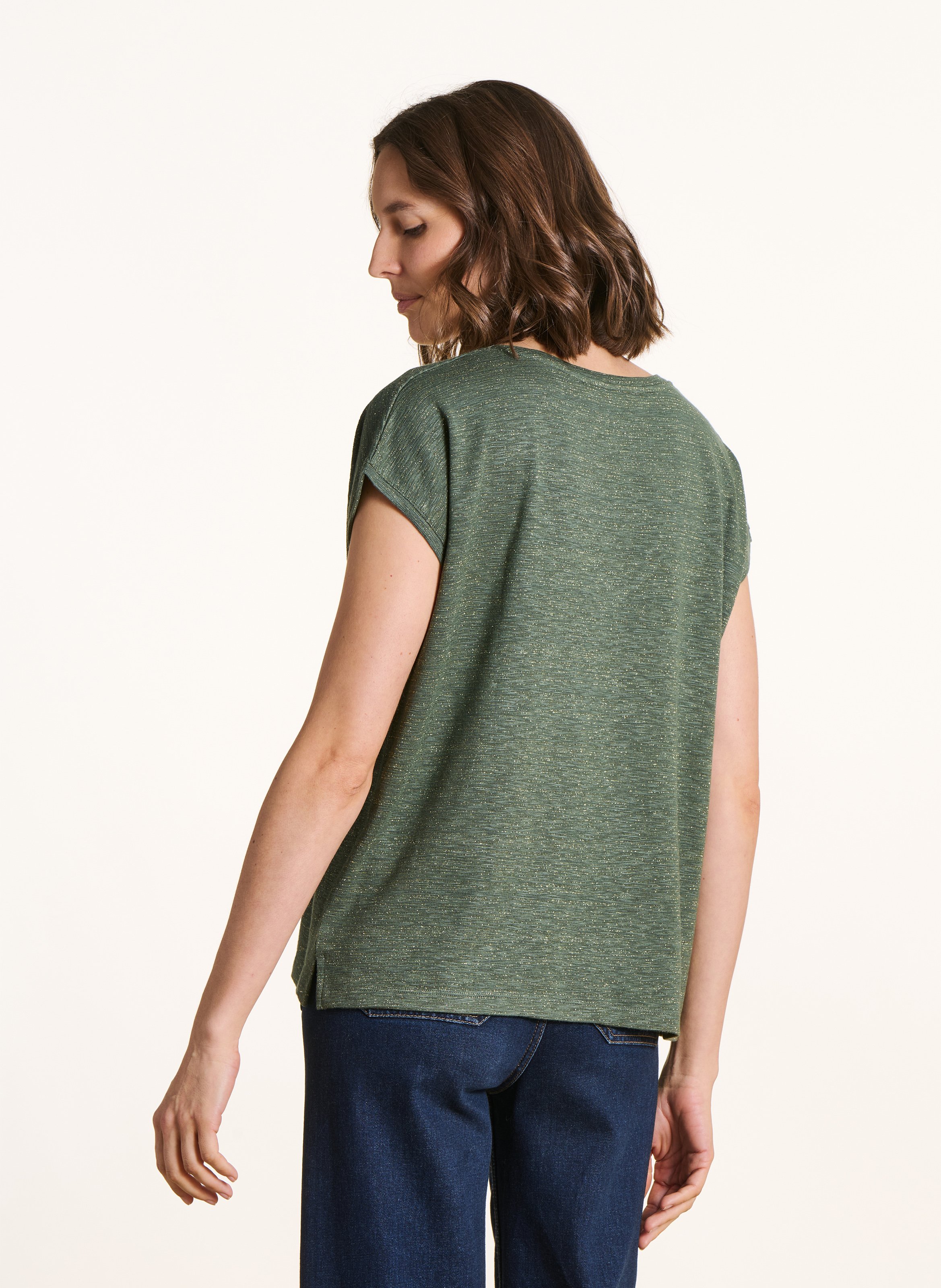 Tee-shirt col V manches courtes pailleté LA FEE MARABOUTEE Vert