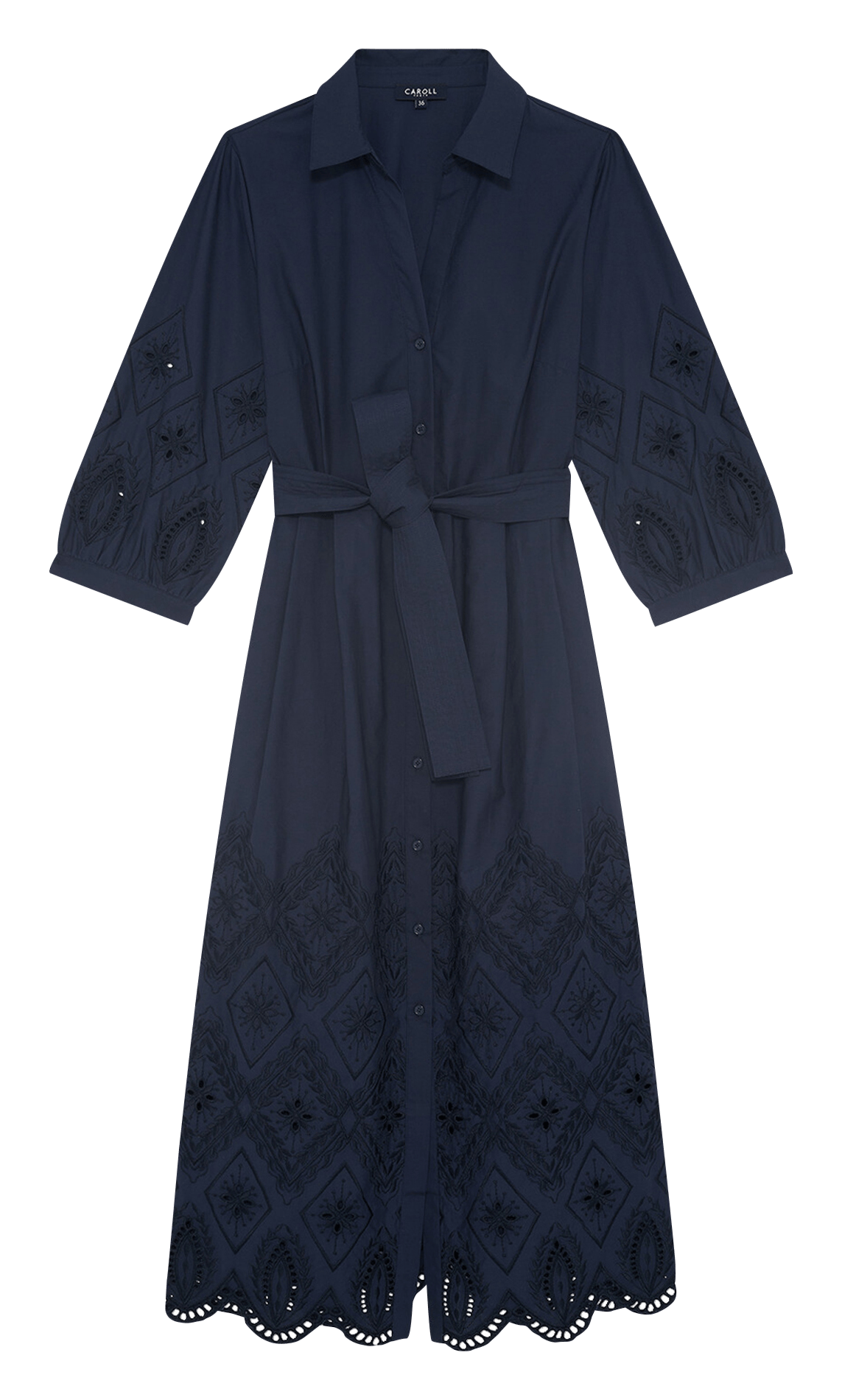 Long dress with classic collar in embroidered cotton CAROLL Blue