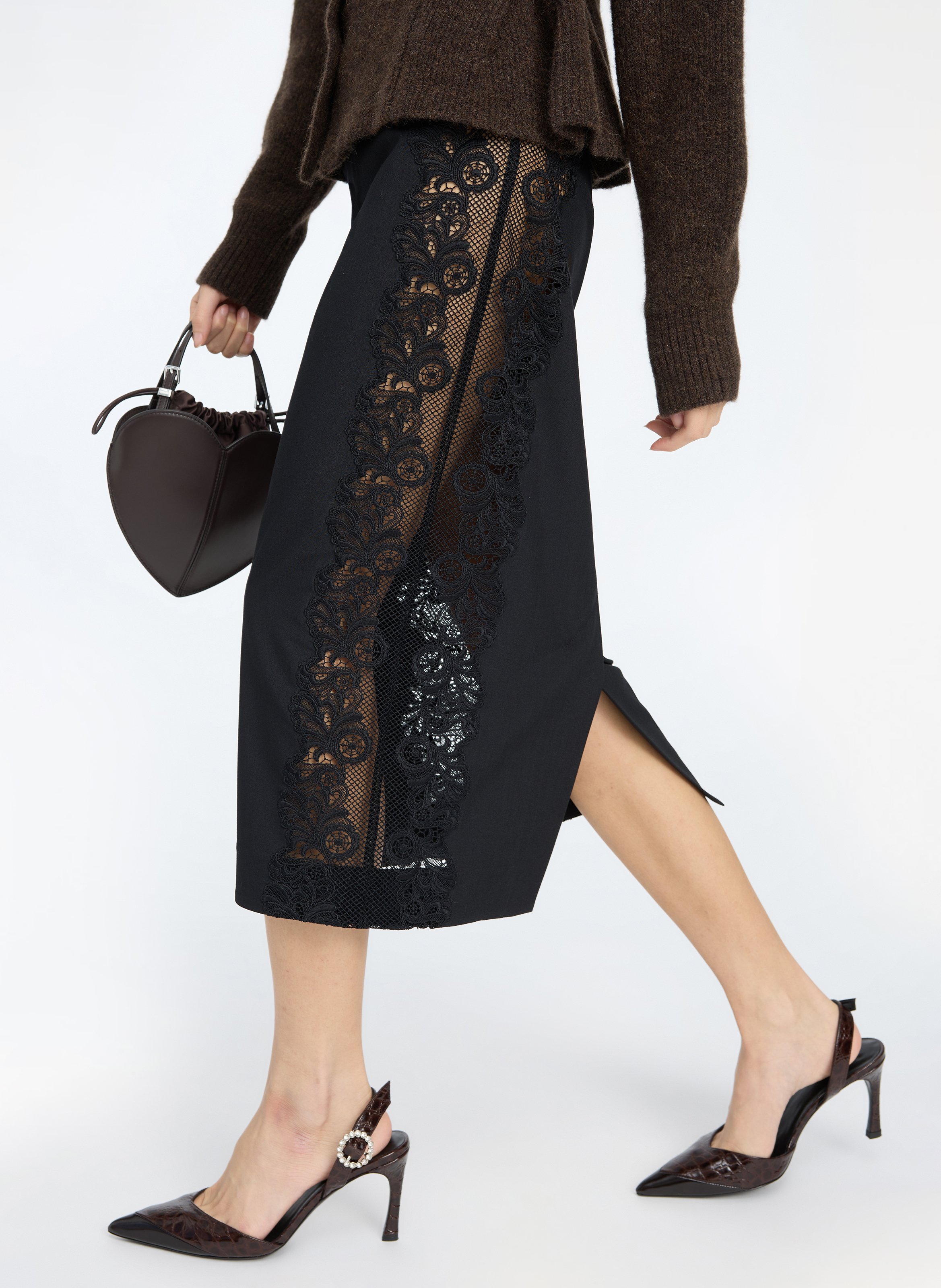 Midi pencil skirt with lace ROTATE Black