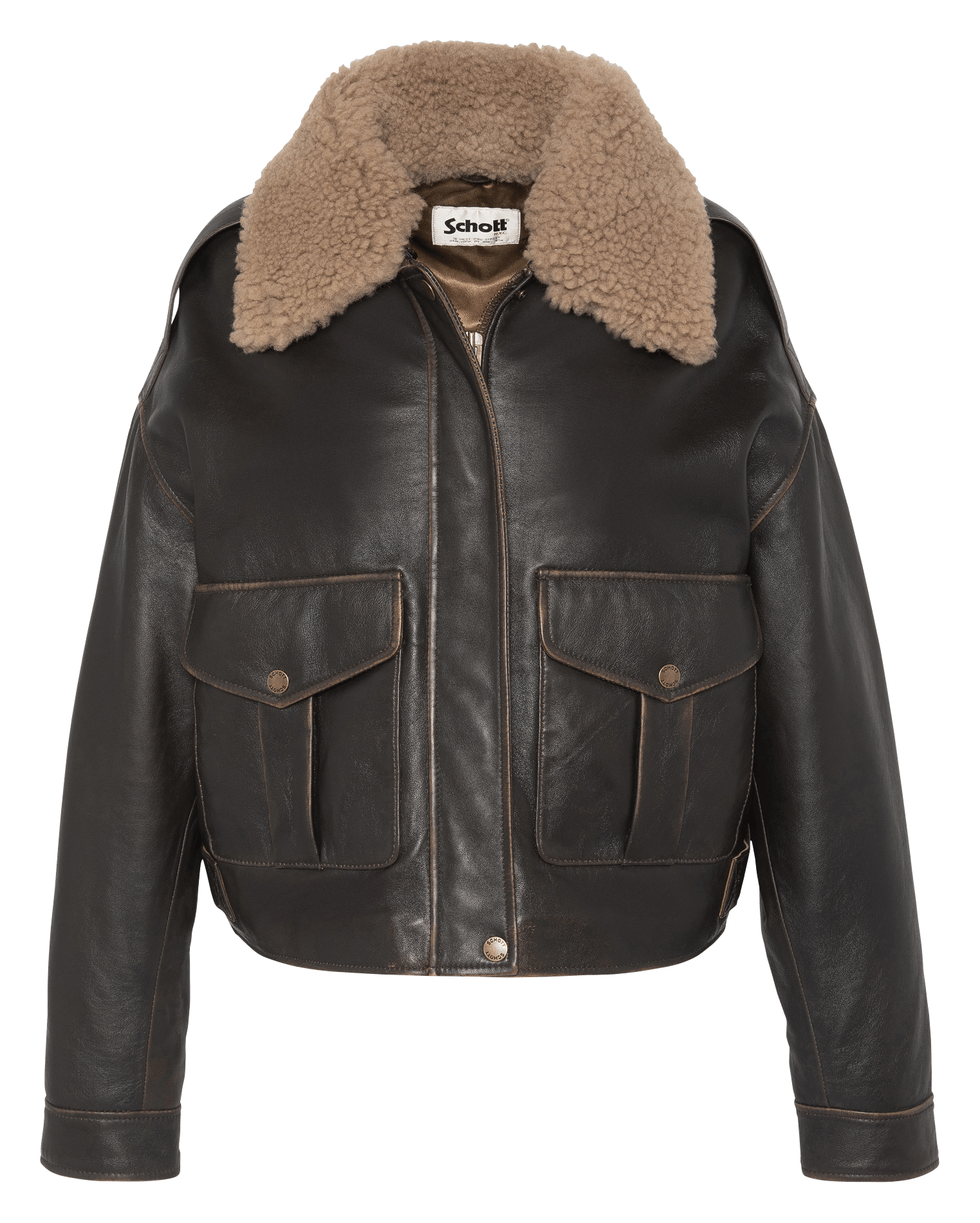 Blouson droit uni en cuir SCHOTT Marron