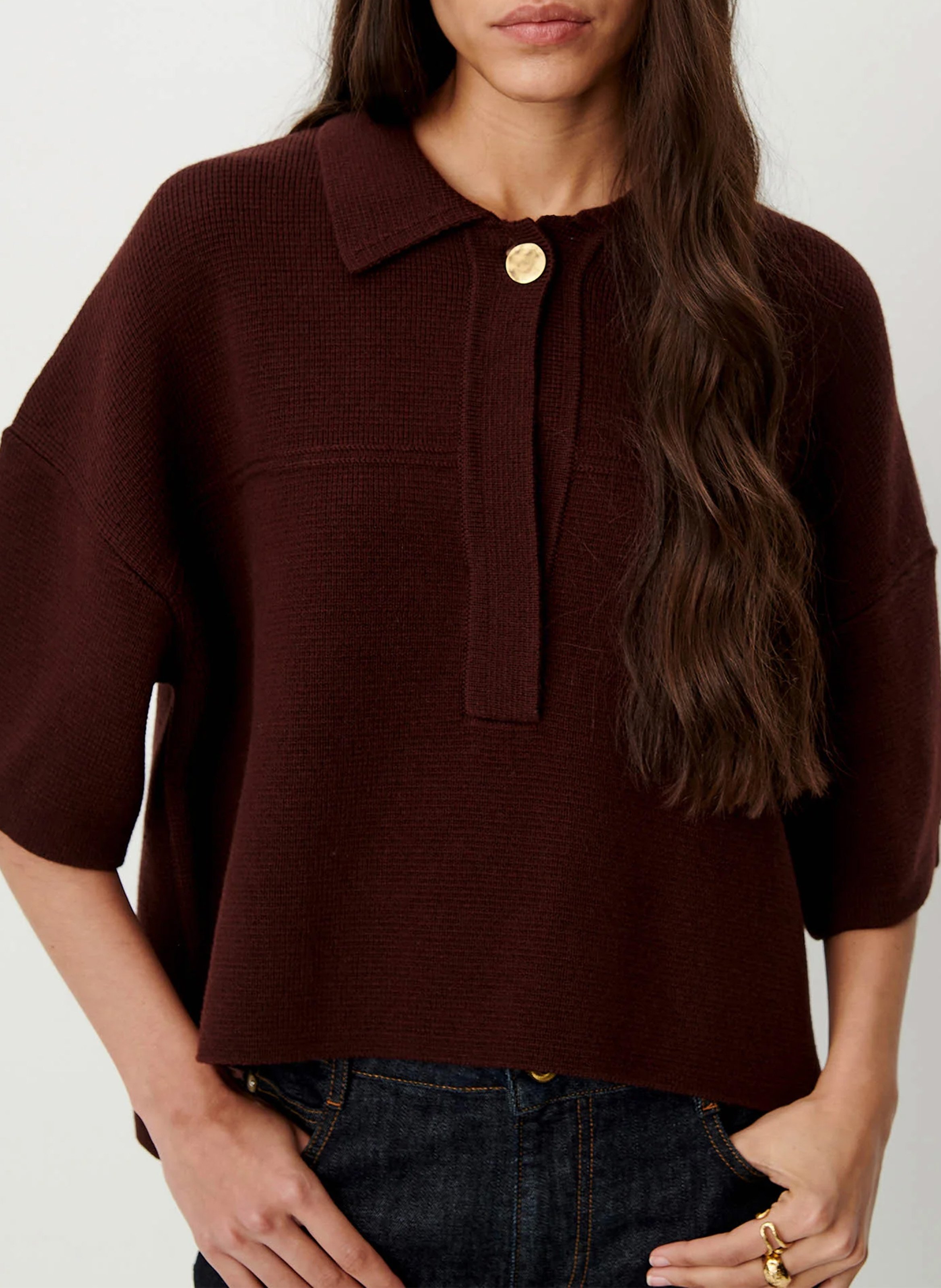 Pull polo oversize en maille SESSUN Marron