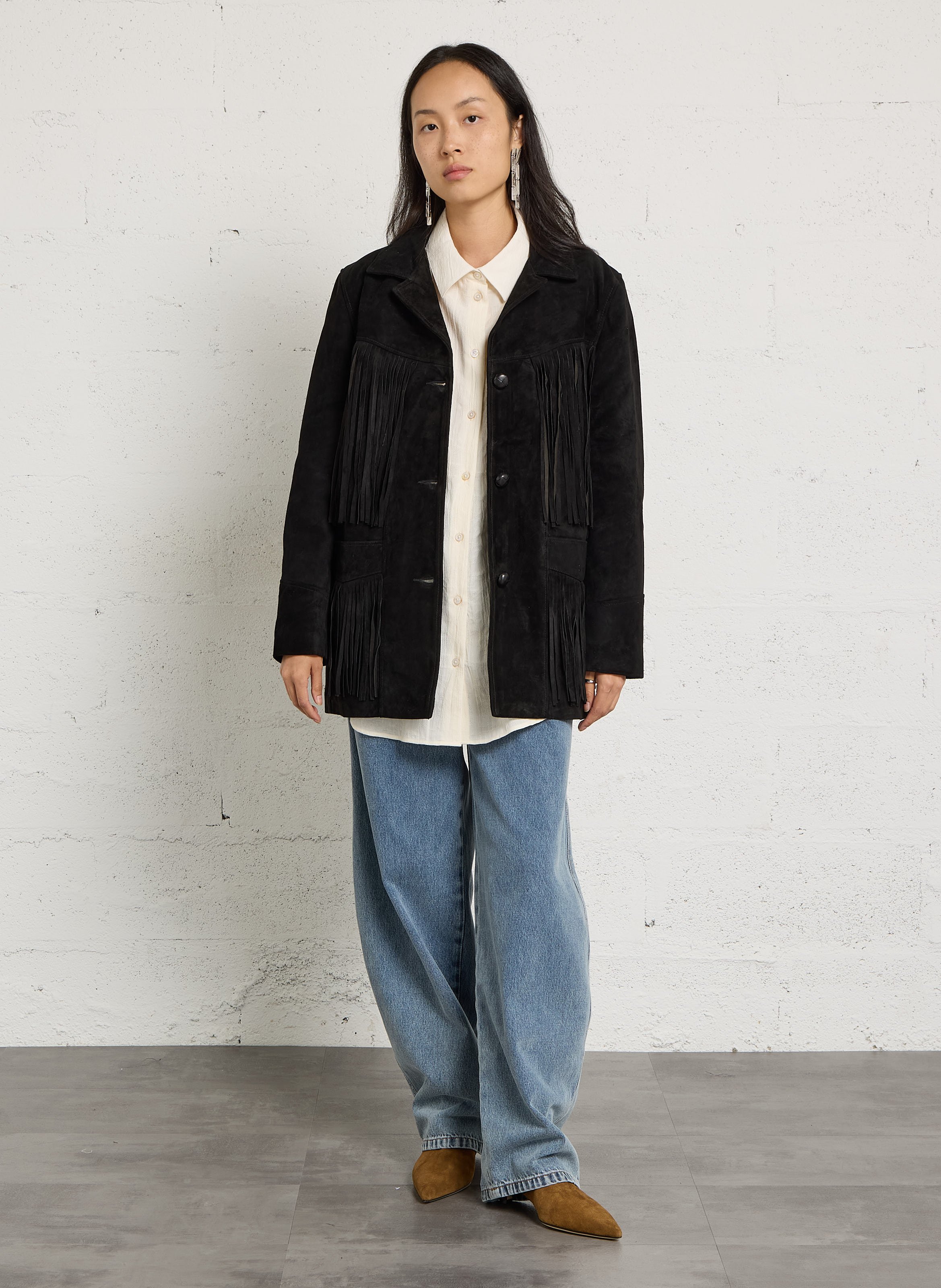 Veste droite à franges en suède SCHOTT Noir