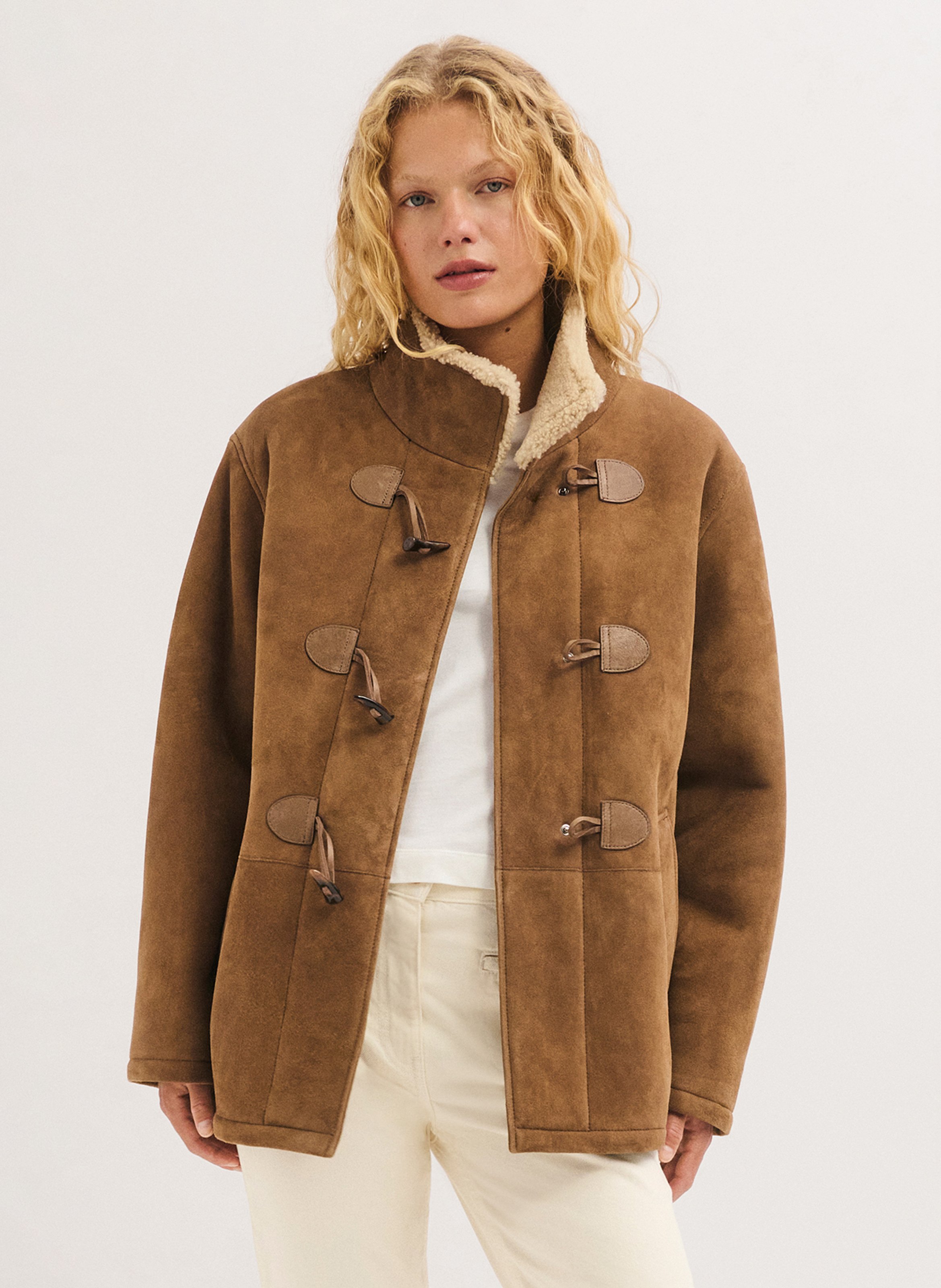 Manteau col montant droit uni en cuir PABLO Marron