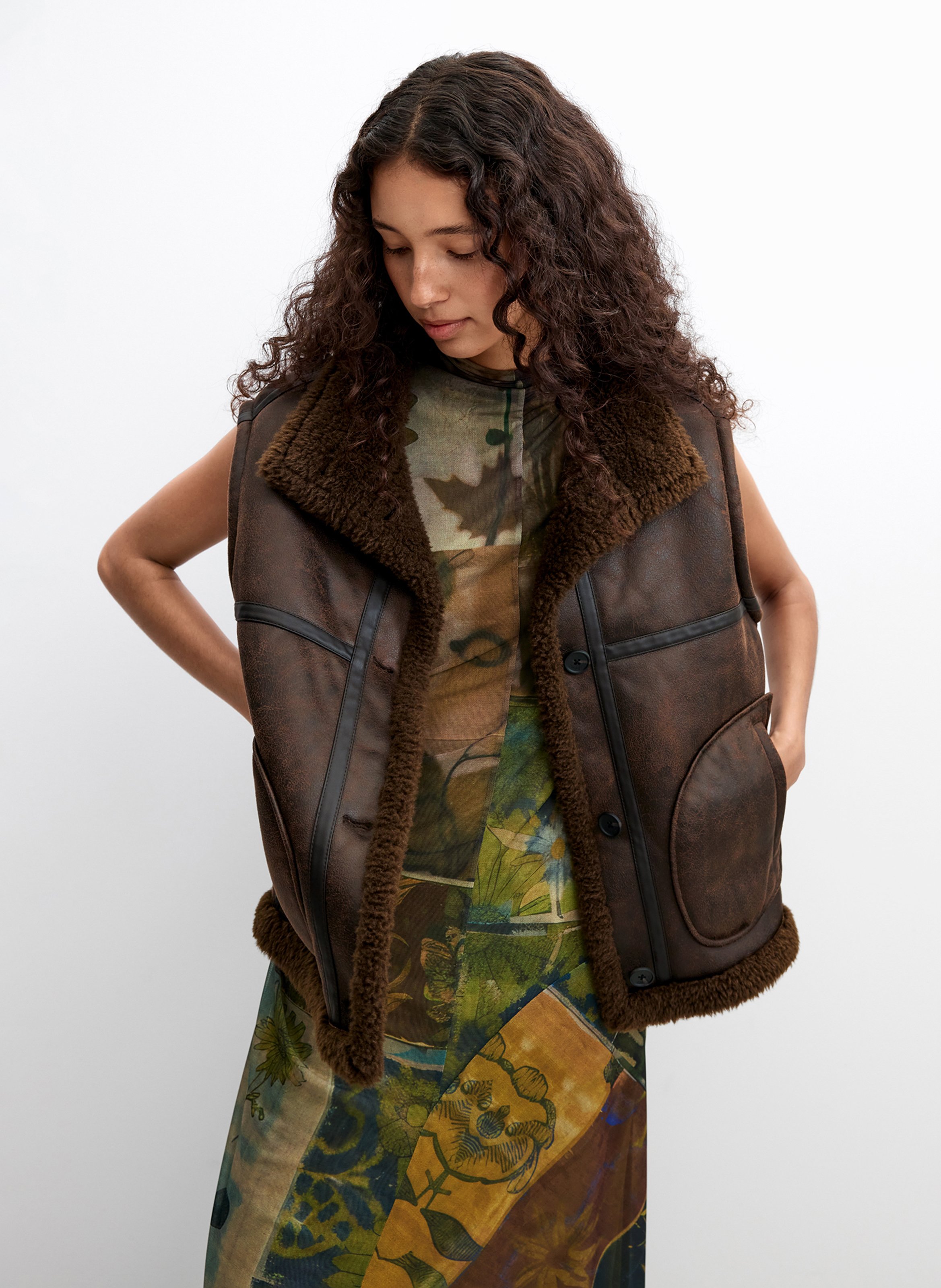 Oversized solid color button-up coat DESIGUAL Brown
