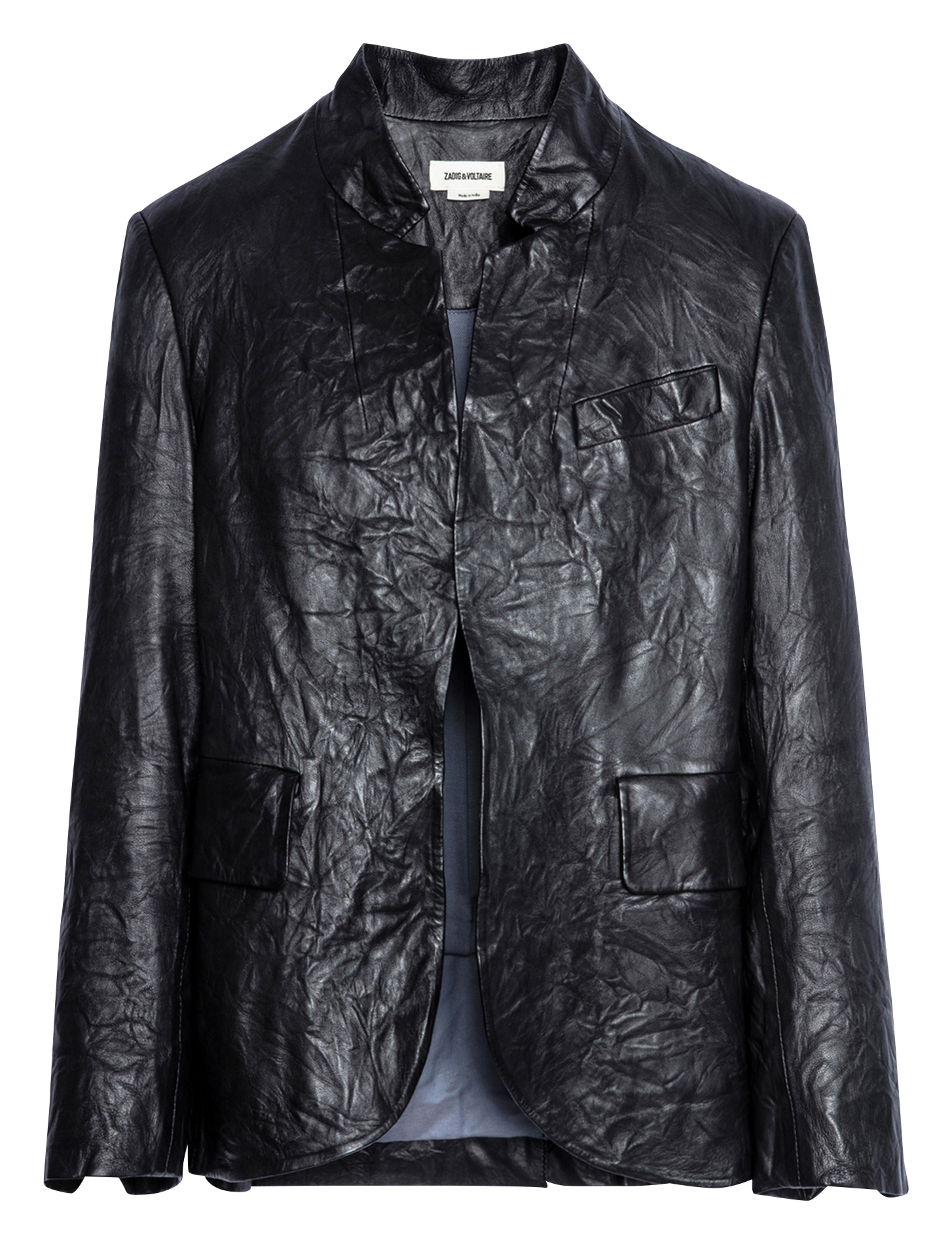 Crinkled leather jacket with high collar Black