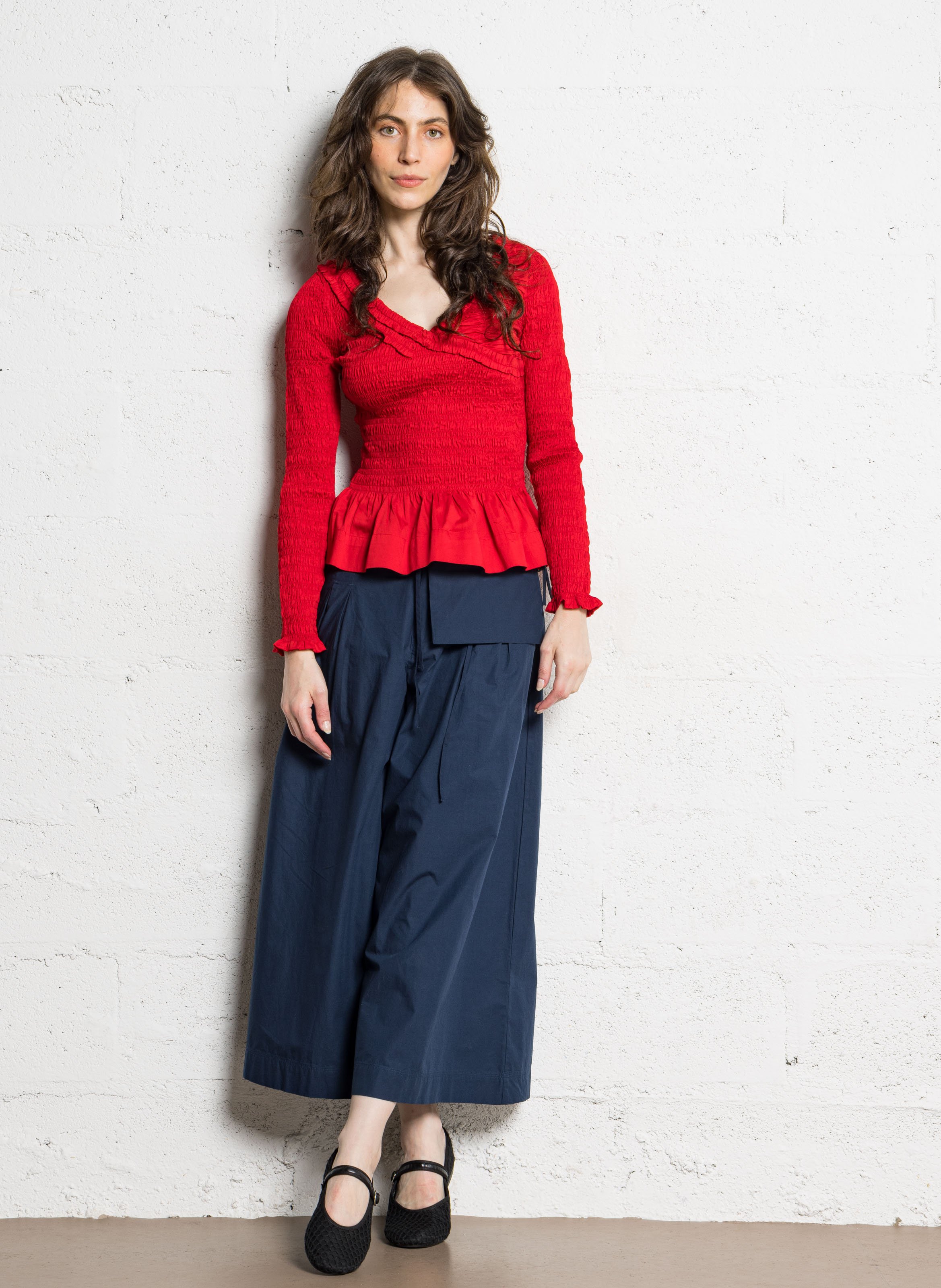 Top manches longues froncé en coton bio DAMSON MADDER Rouge