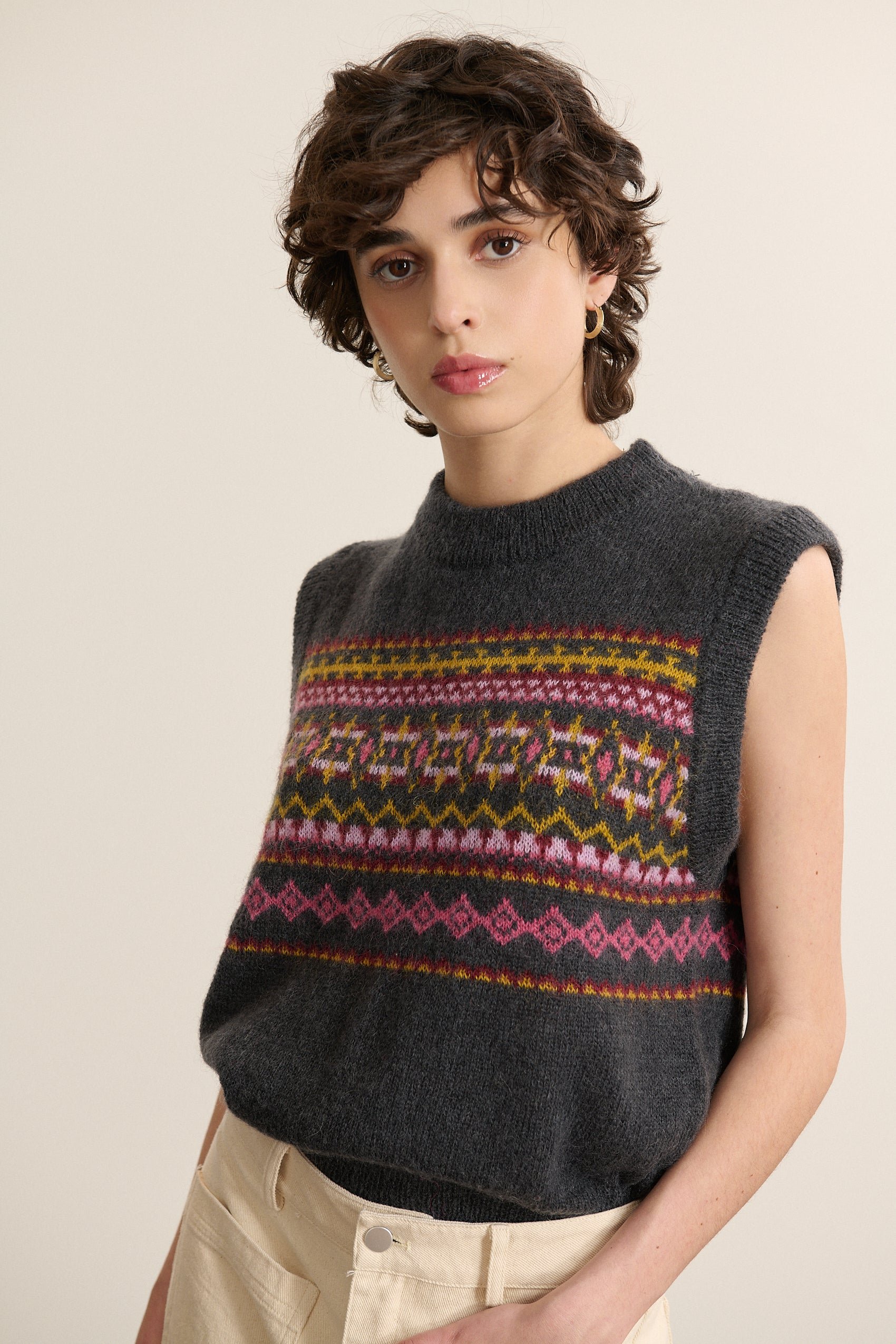 Sleeveless round neck sweater with Norwegian jacquard pattern GARANCE PARIS Grey