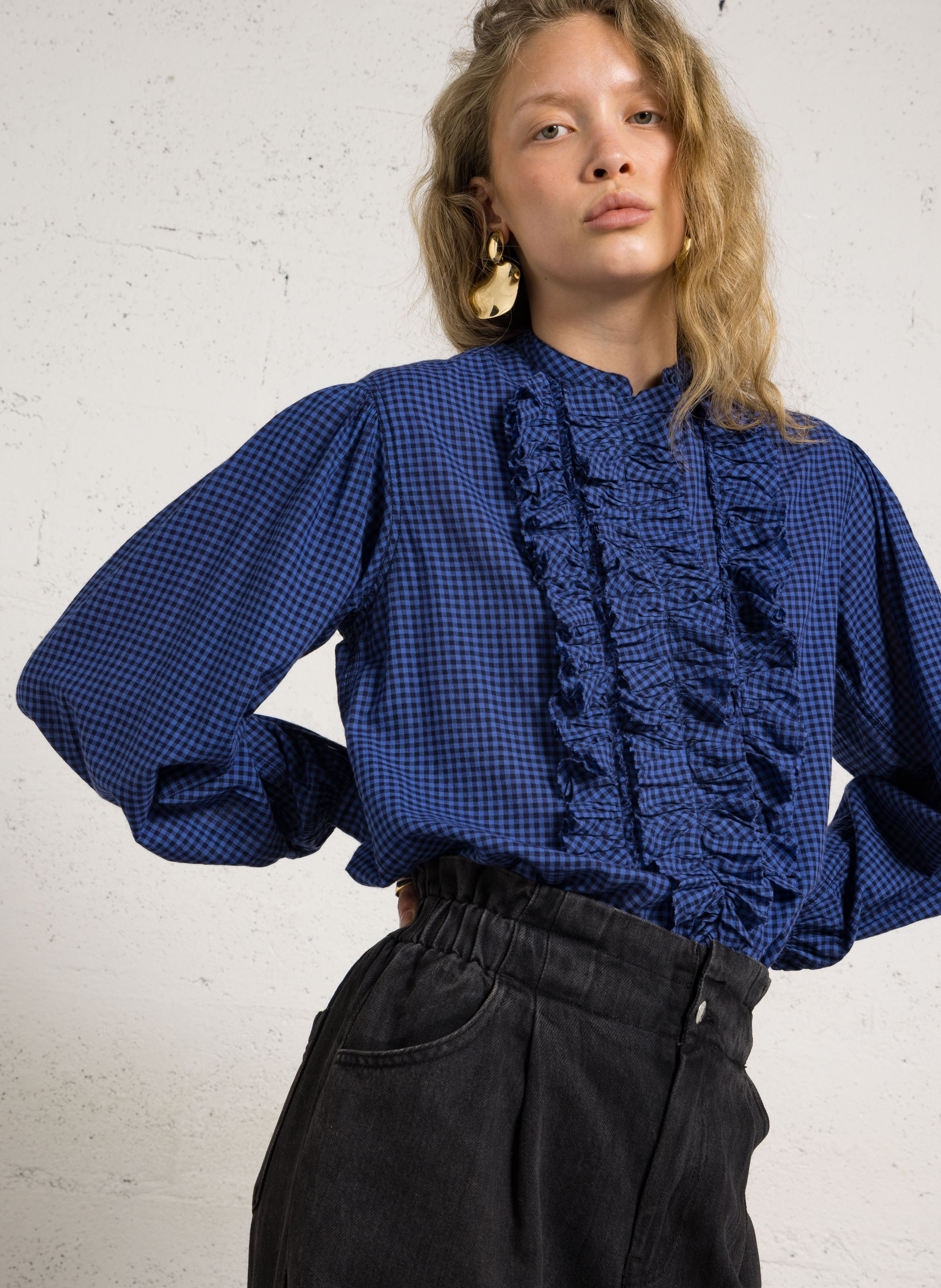 Round-neck checkered blouse with ruffles LAURENCE BRAS Blue