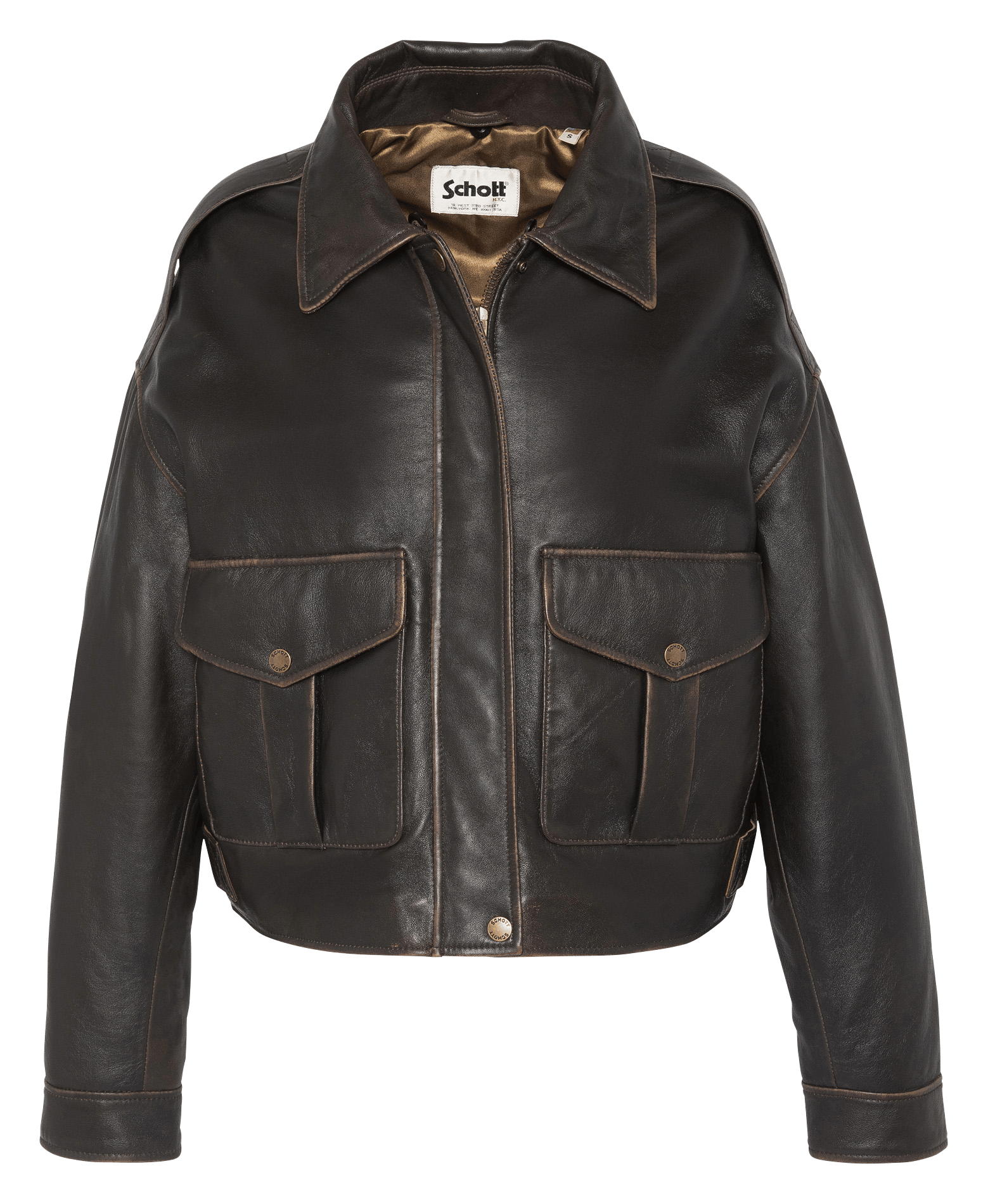 Blouson droit uni en cuir SCHOTT Marron