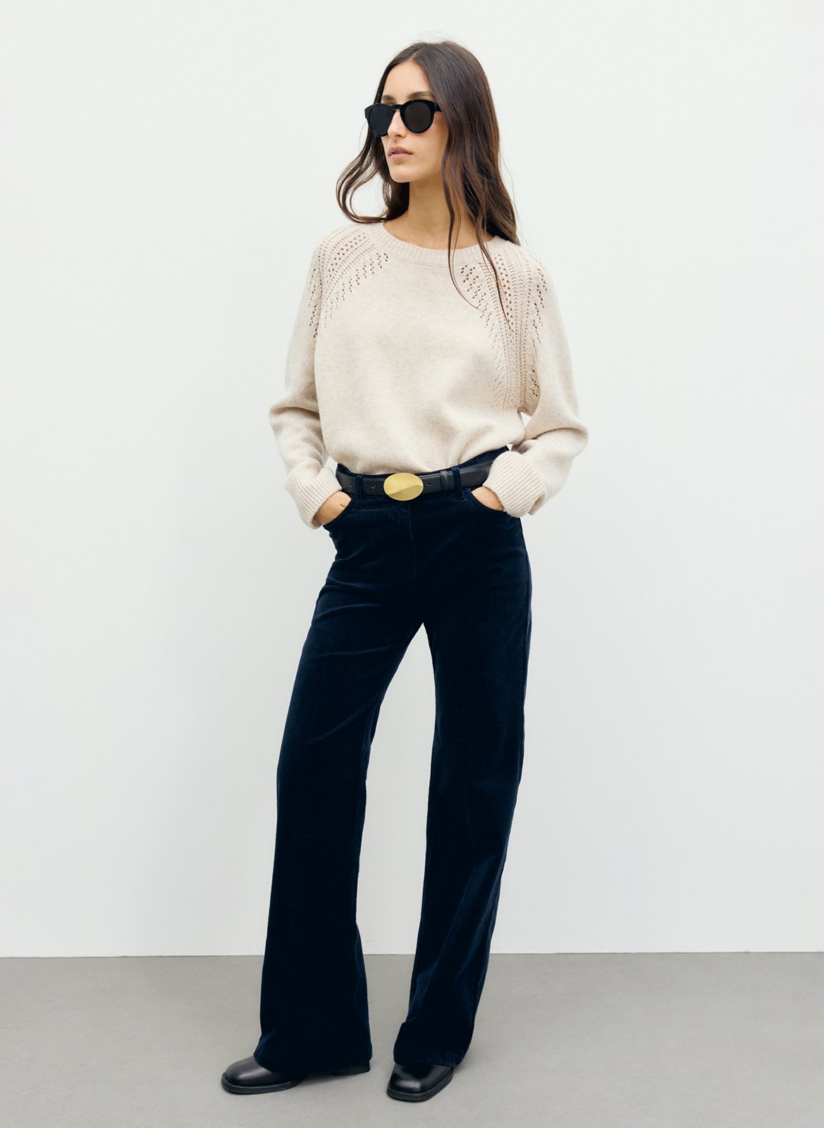 Pull droit col rond ajouré en laine GERARD DAREL Beige