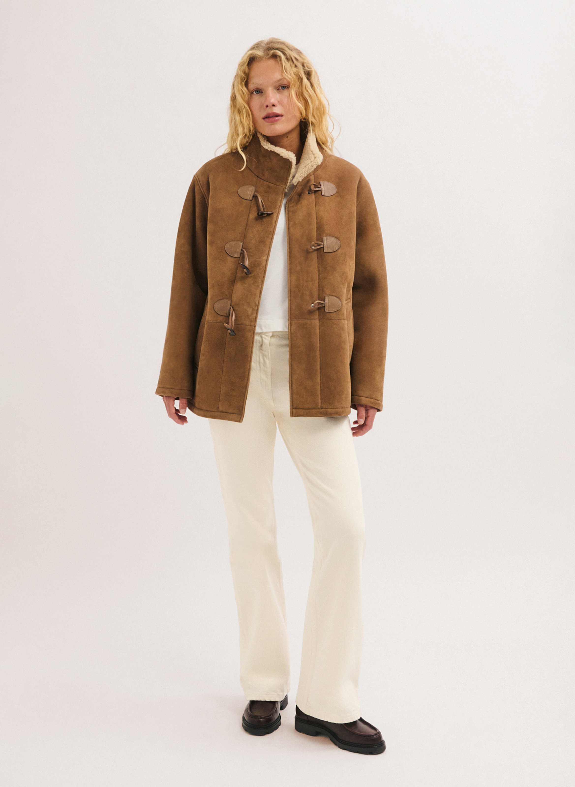 Manteau col montant droit uni en cuir PABLO Marron