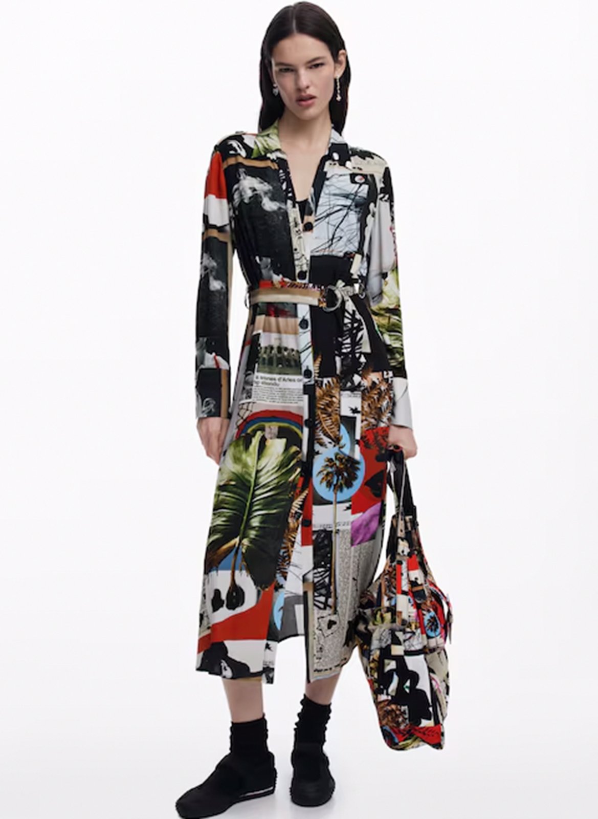 Vestido camisero largo estampado Material finishes Desigual