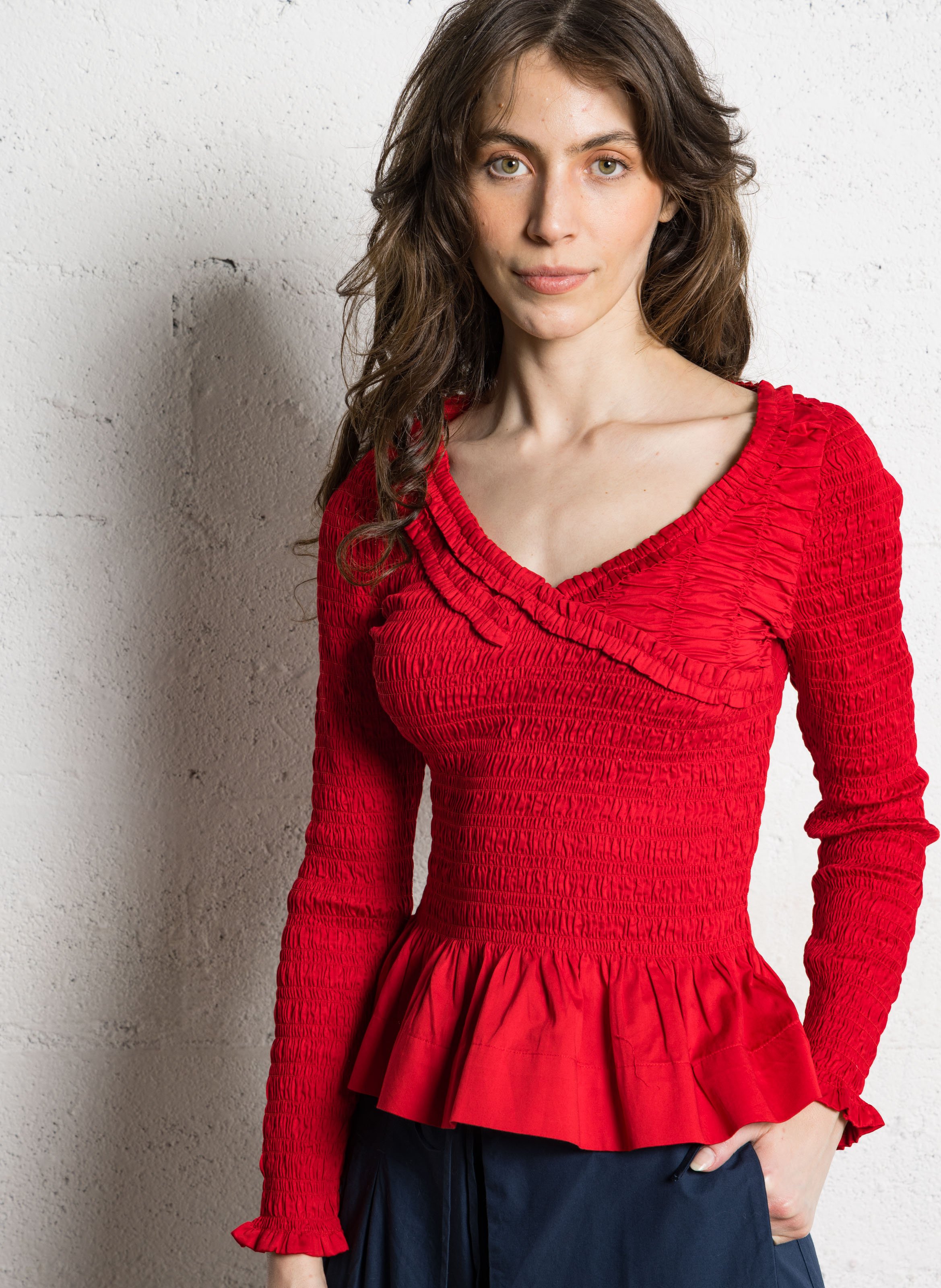 Top manches longues froncé en coton bio DAMSON MADDER Rouge