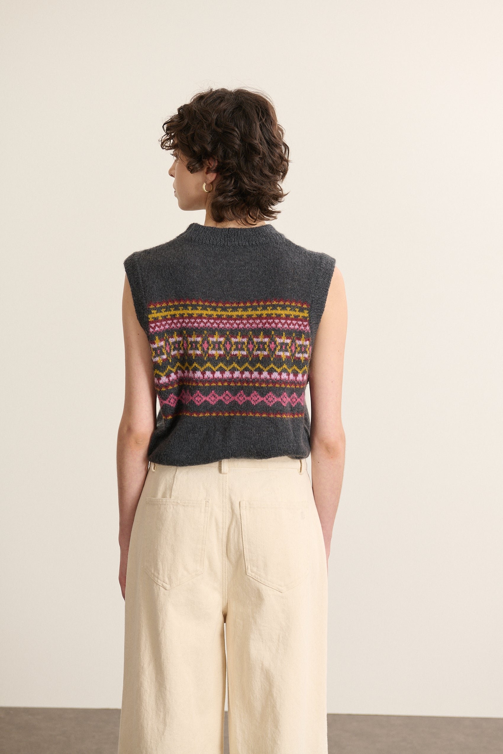 Sleeveless round neck sweater with Norwegian jacquard pattern GARANCE PARIS Grey