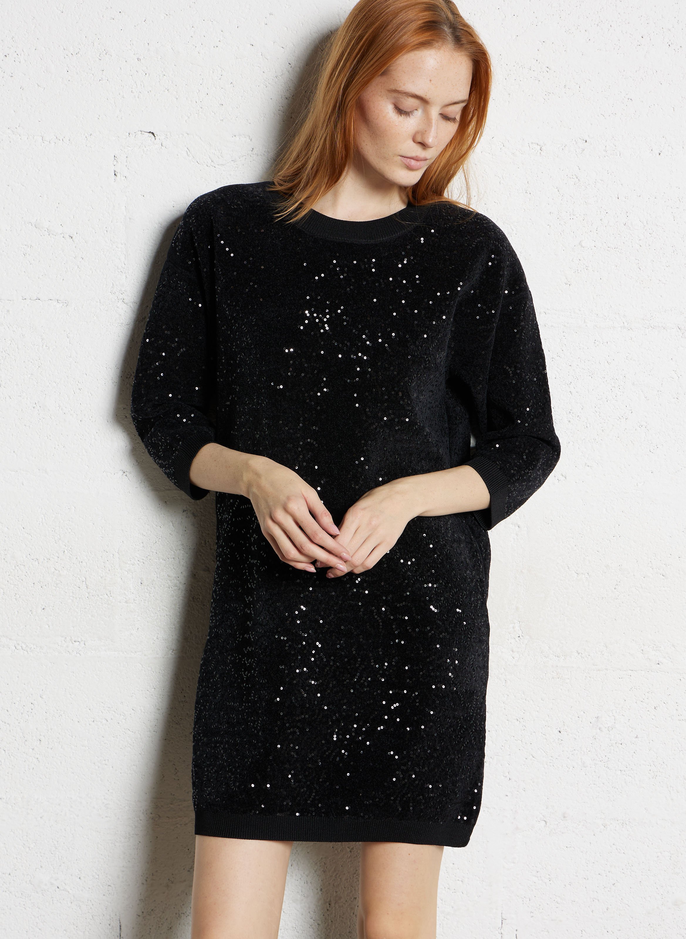 Short straight sequined dress with round neck MAISON 123 Black