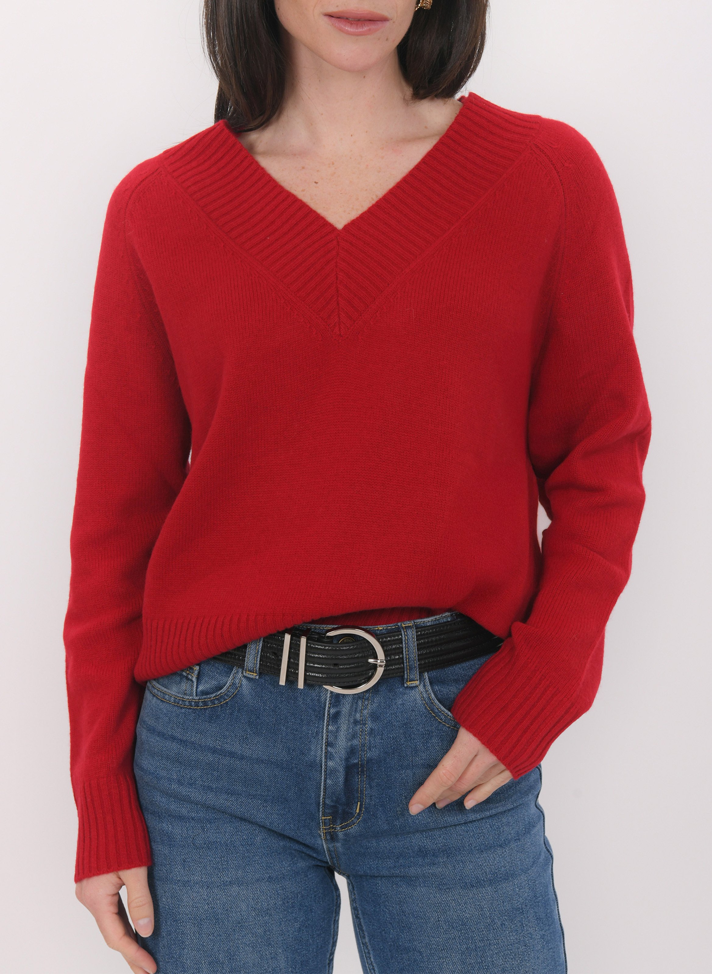 Pull oversize col V en laine et cachemire KOOKAI Rouge