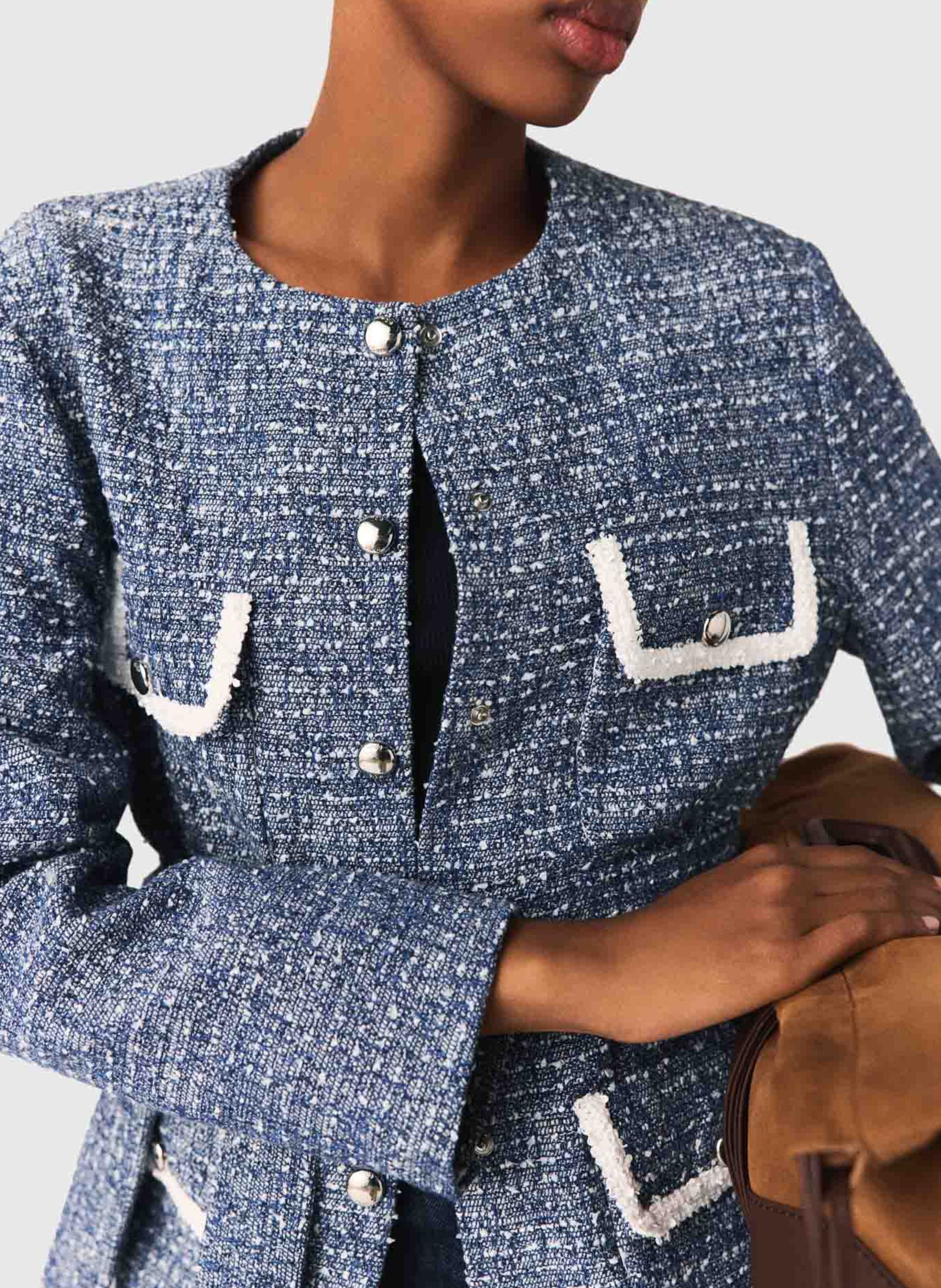 Belted tweed jacket in blended cotton MAJE Blue