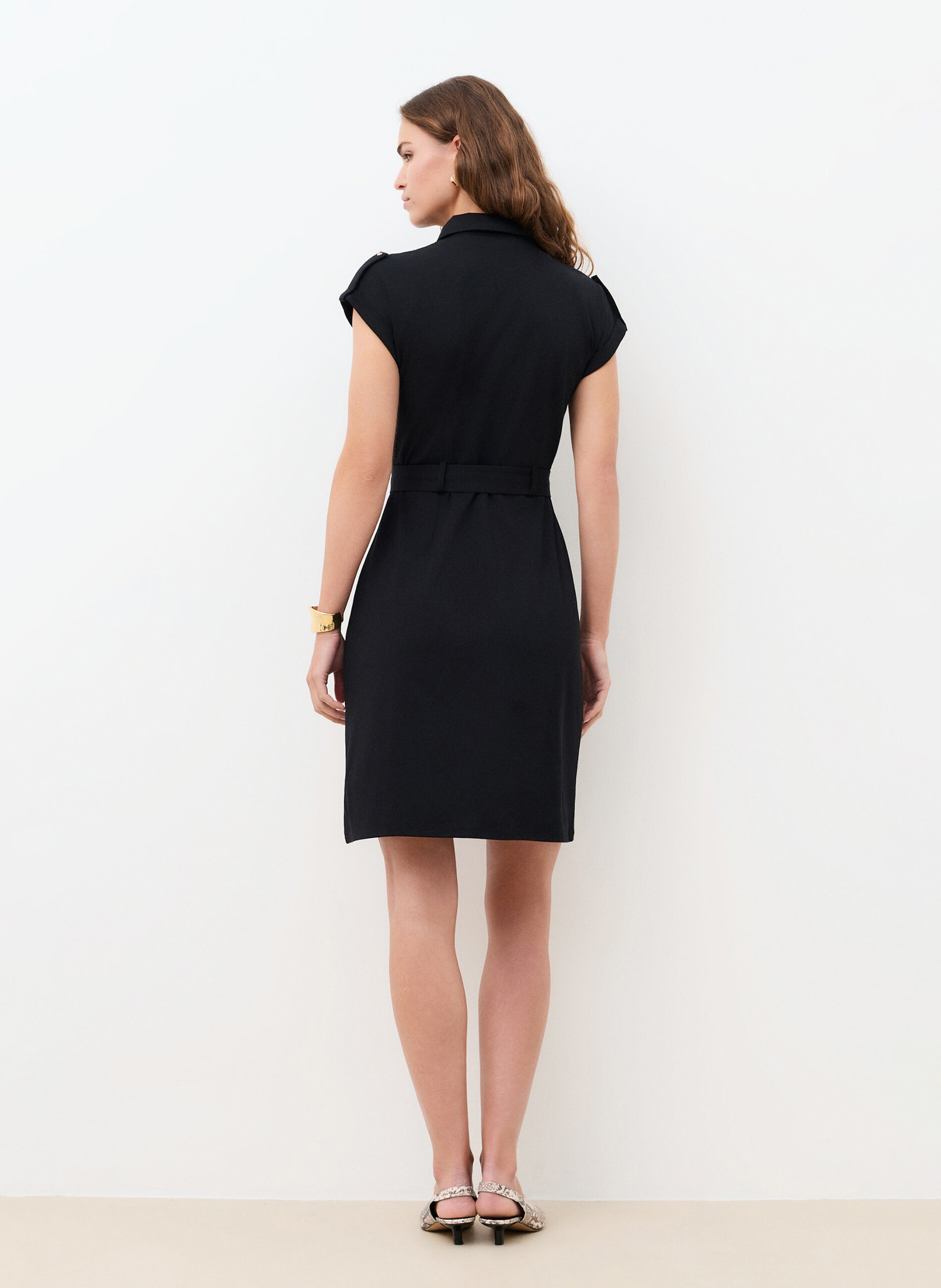 Short belted plain cotton dress CAROLL Black