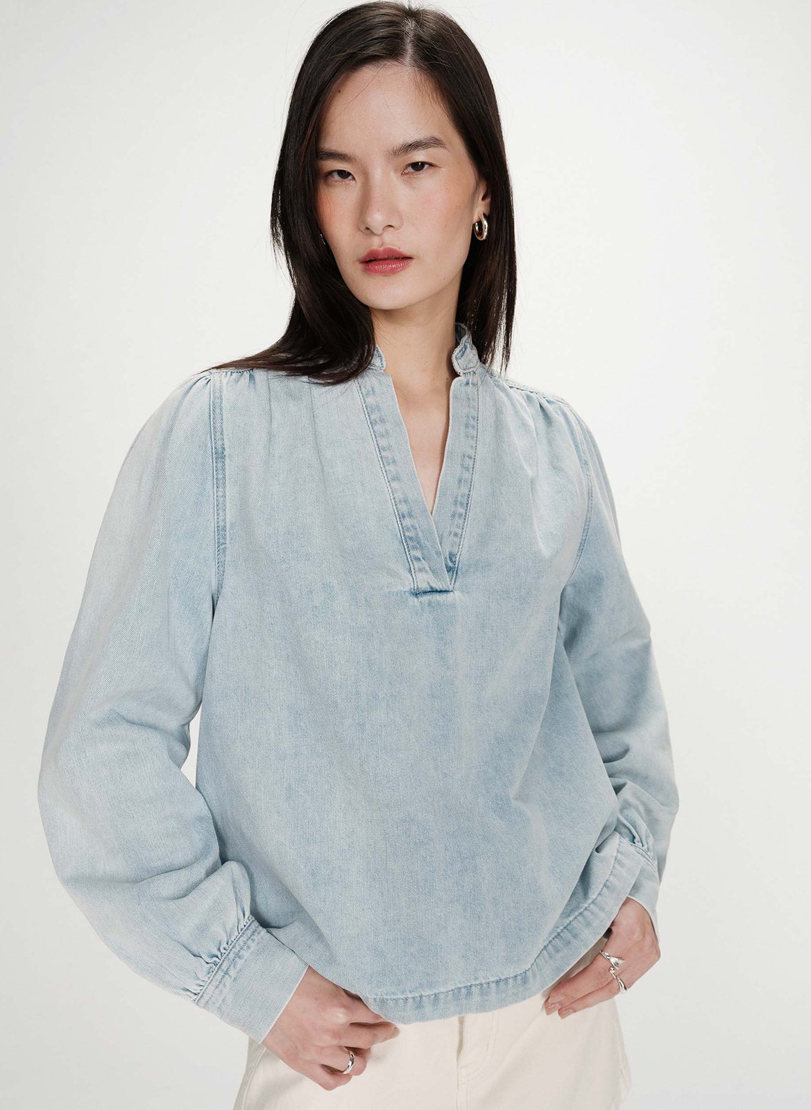 Blouse oversize col V en coton mélangé GRACE ET MILA Bleu