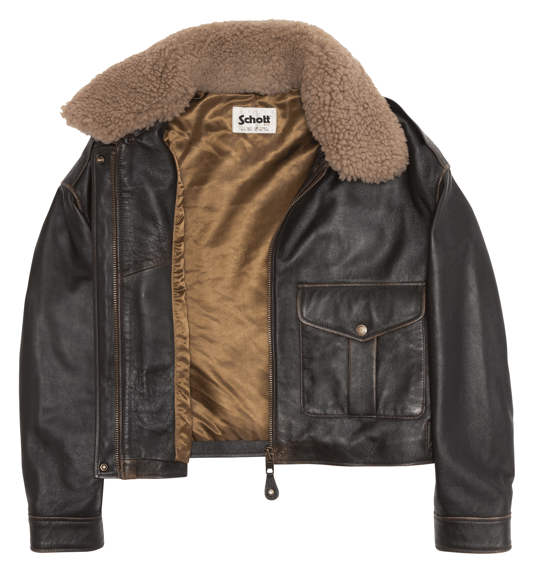 Blouson droit uni en cuir SCHOTT Marron