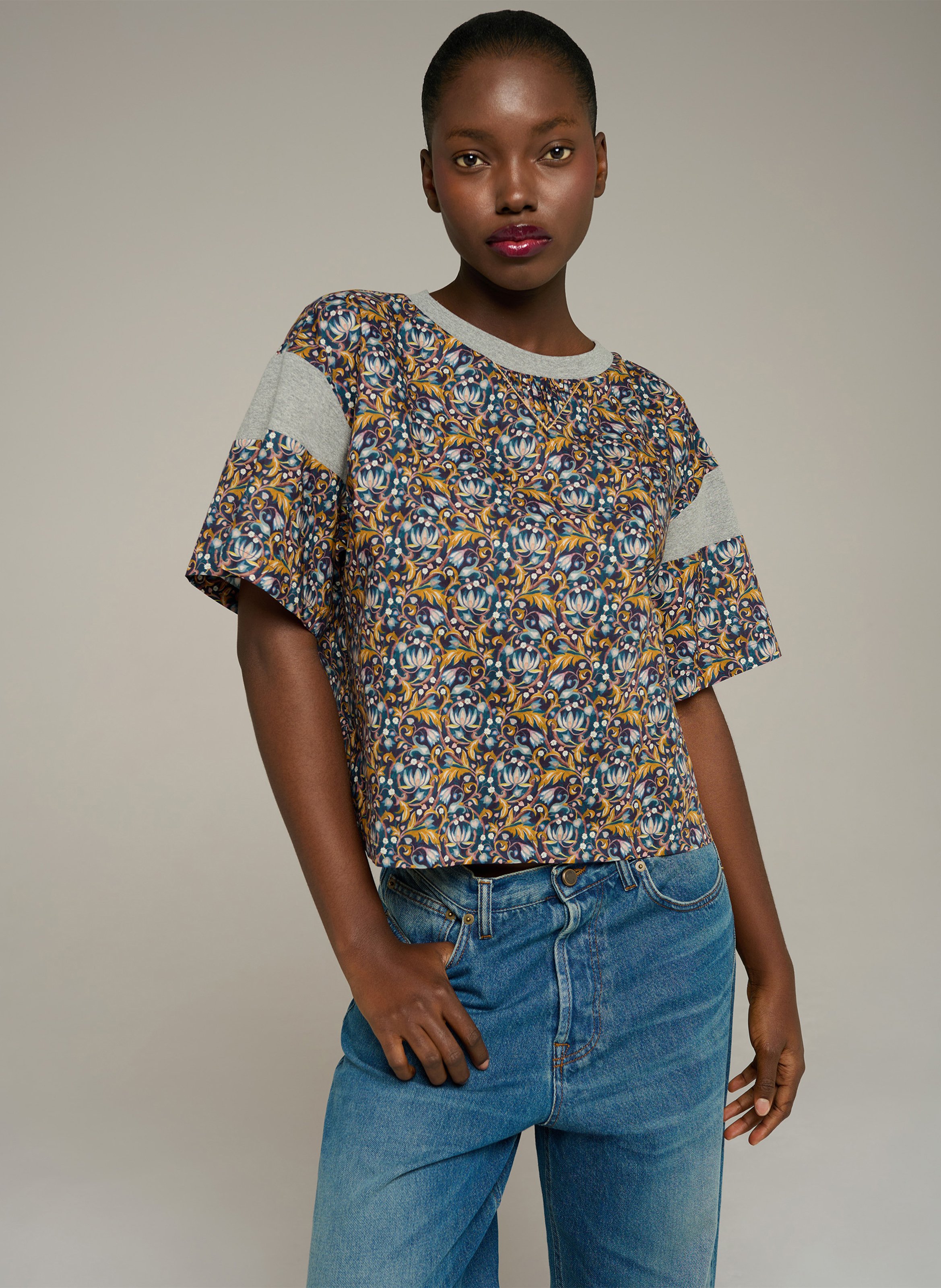 Bluse mit rundem Ausschnitt, geradem Schnitt und Blumenmuster aus Baumwolle COTELAC Blau