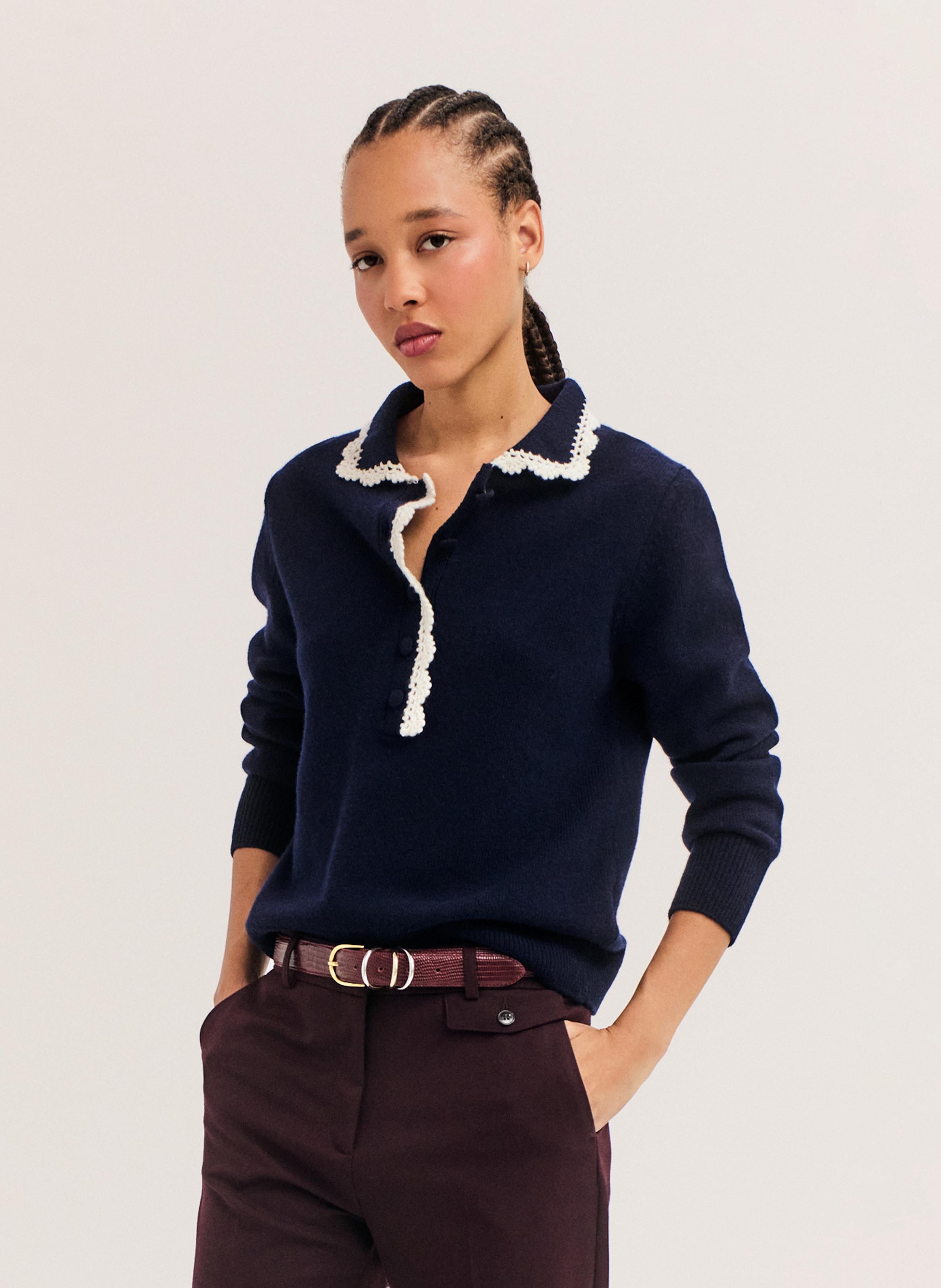 Pull à col boutonné en laine  PABLO Bleu