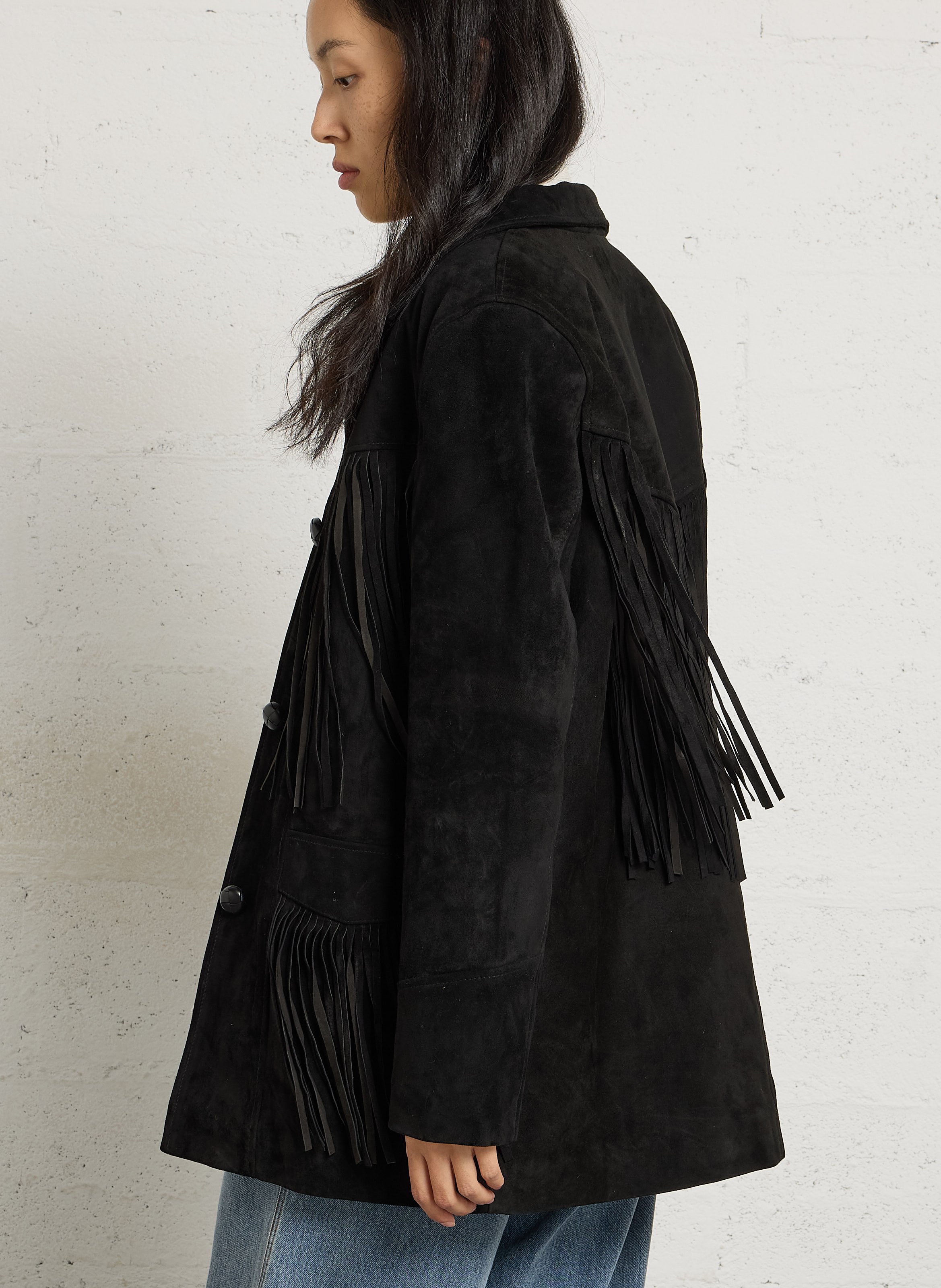 Veste droite à franges en suède SCHOTT Noir