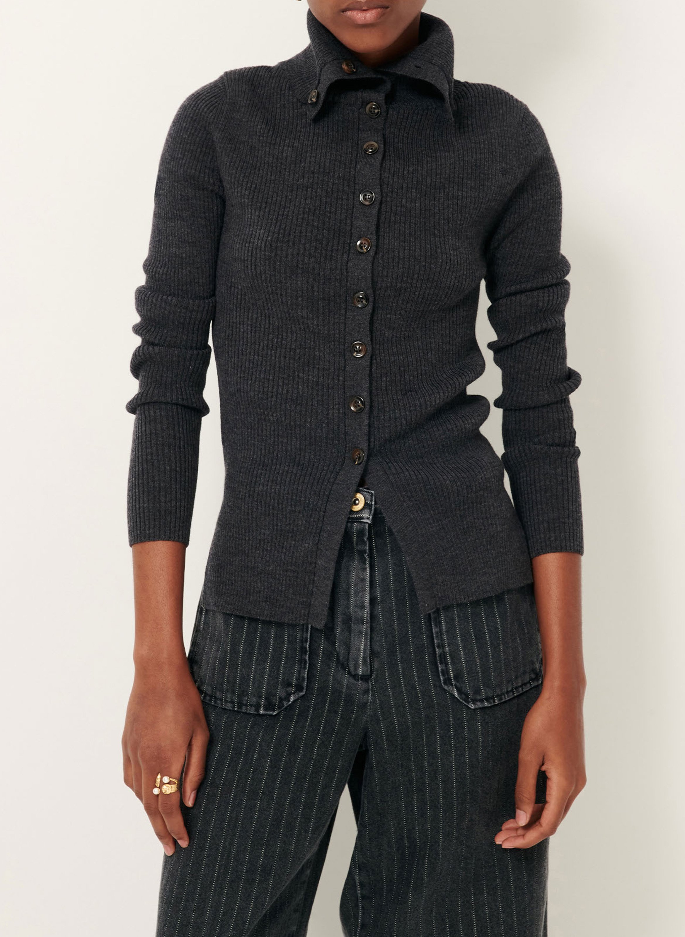 Getailleerd vest met opstaande kraag van geribbelde merinowol SESSUN Grijs