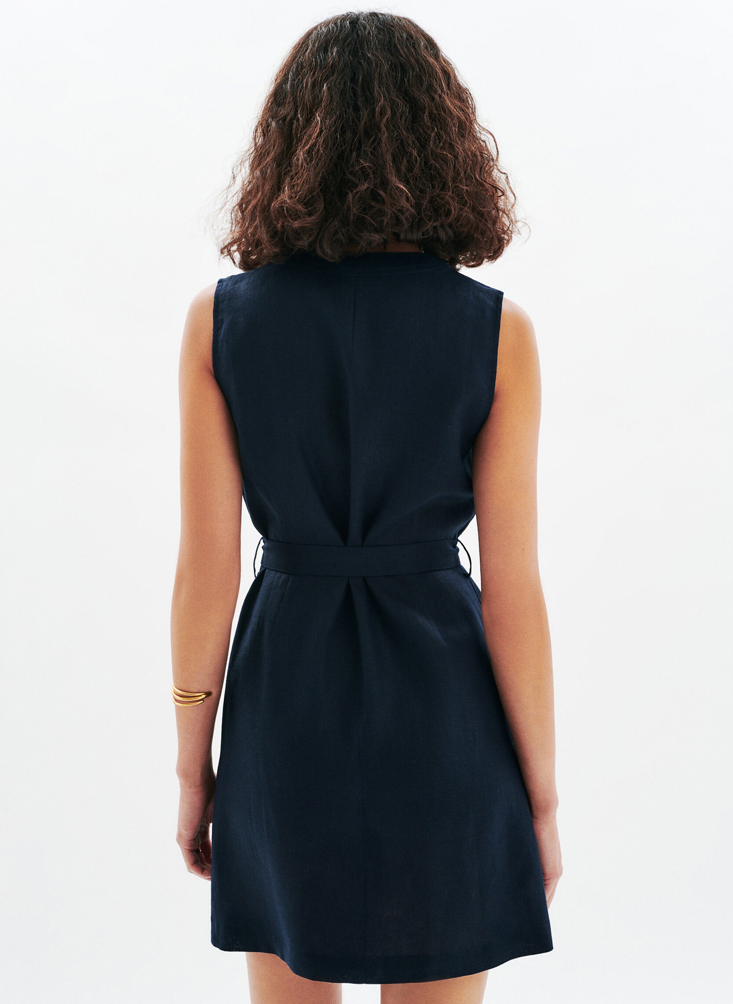 Robe courte col v en lin Bleu