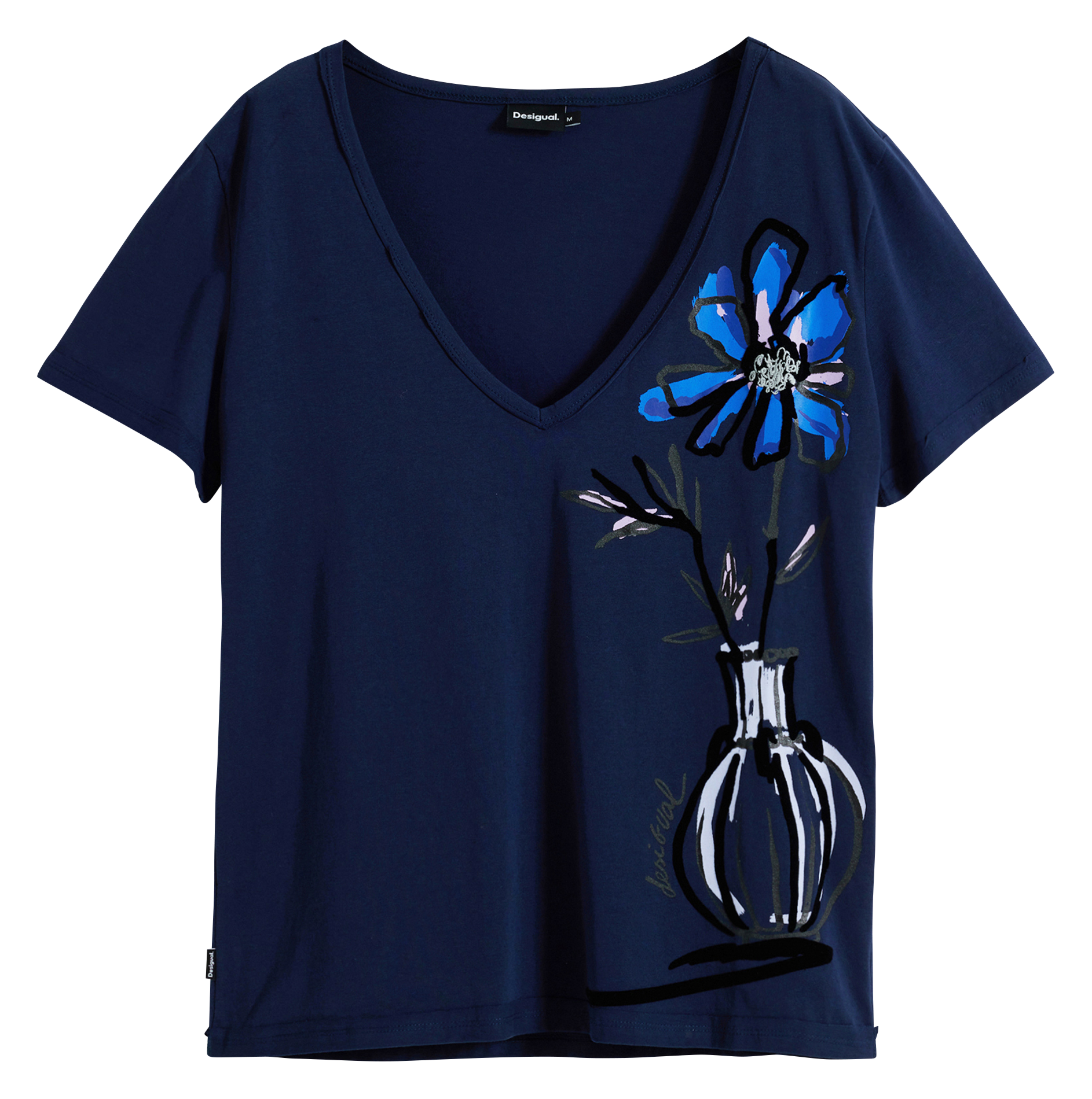 Tee-shirt col V en coton DESIGUAL Bleu