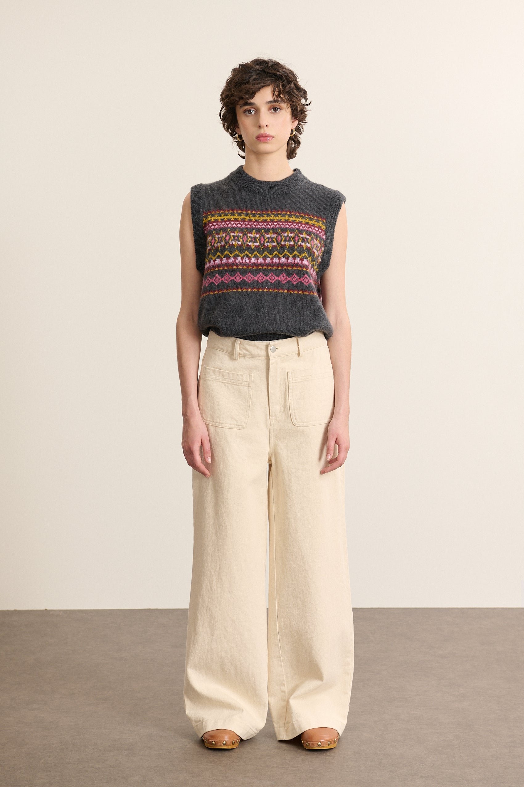 Sleeveless round neck sweater with Norwegian jacquard pattern GARANCE PARIS Grey