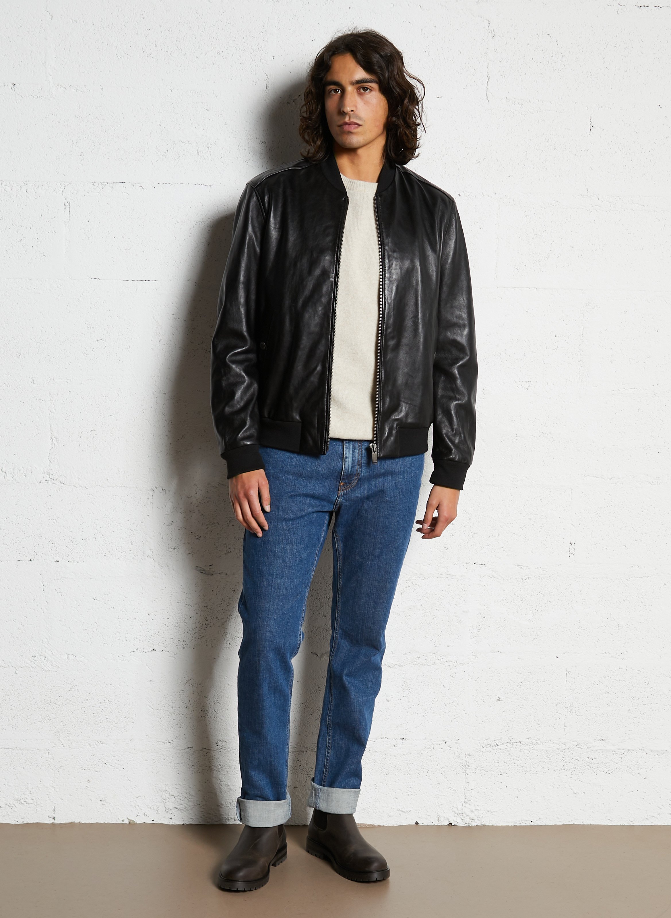 Blouson droit col teddy en cuir CHEVIGNON Noir