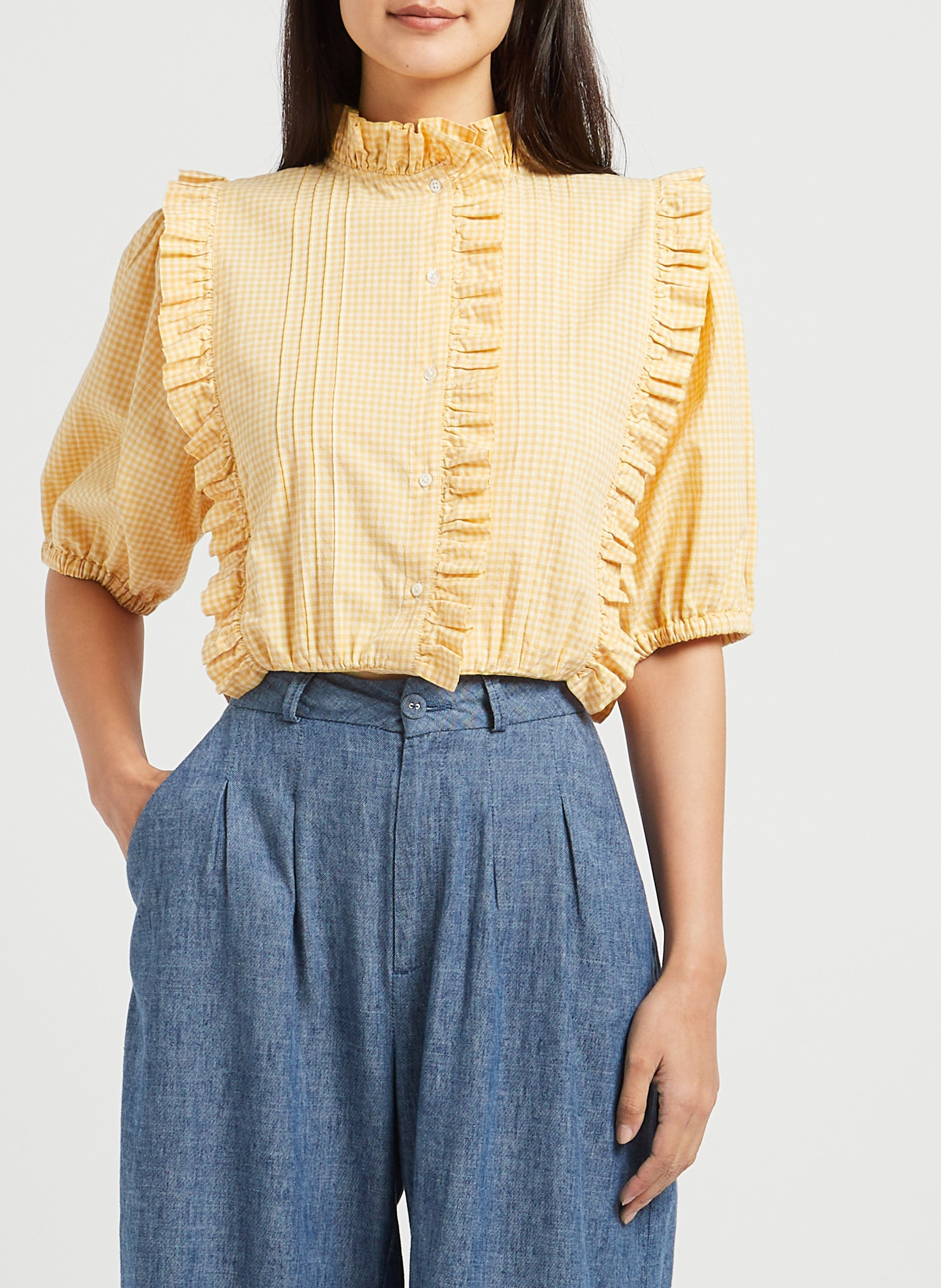 High-neck cotton blouse with ruffles EMILE ET IDA Yellow