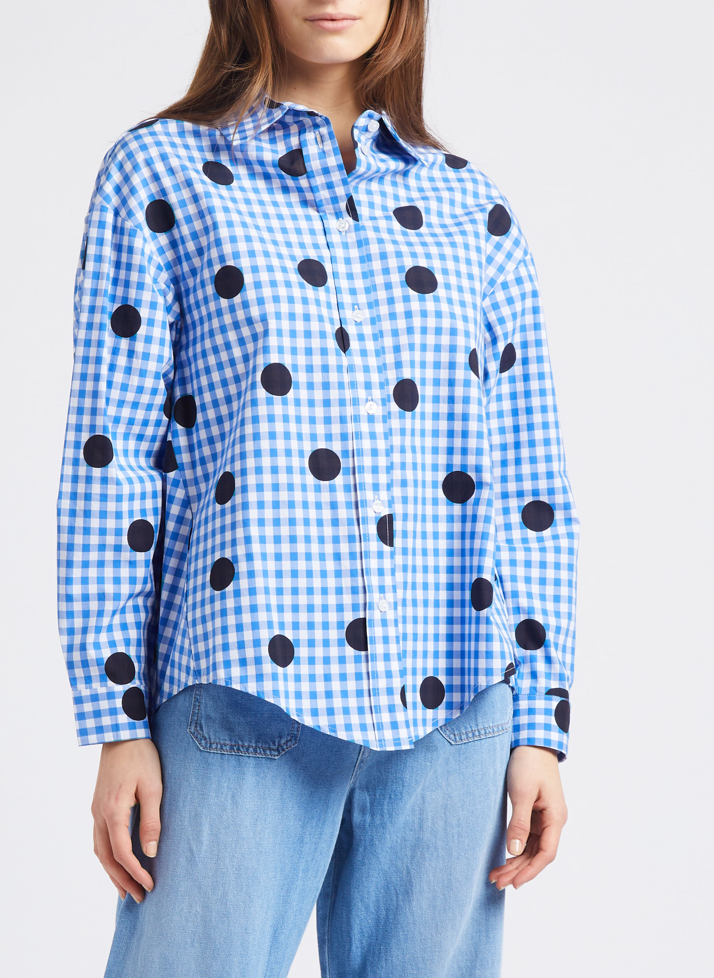 Chemise droite à carreaux et pois en coton PLEASE Bleu