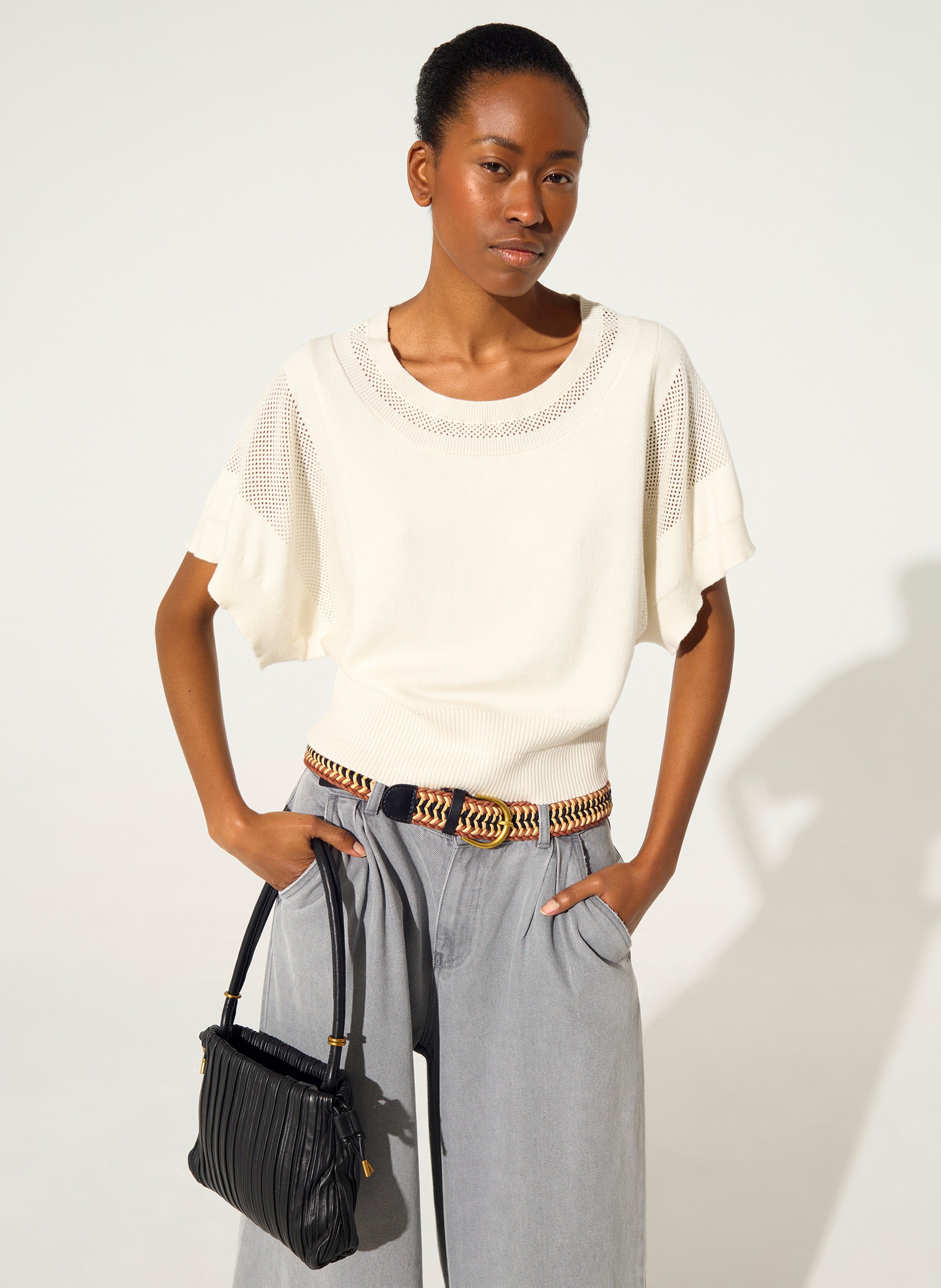 Short round neck plain sweater COTELAC White