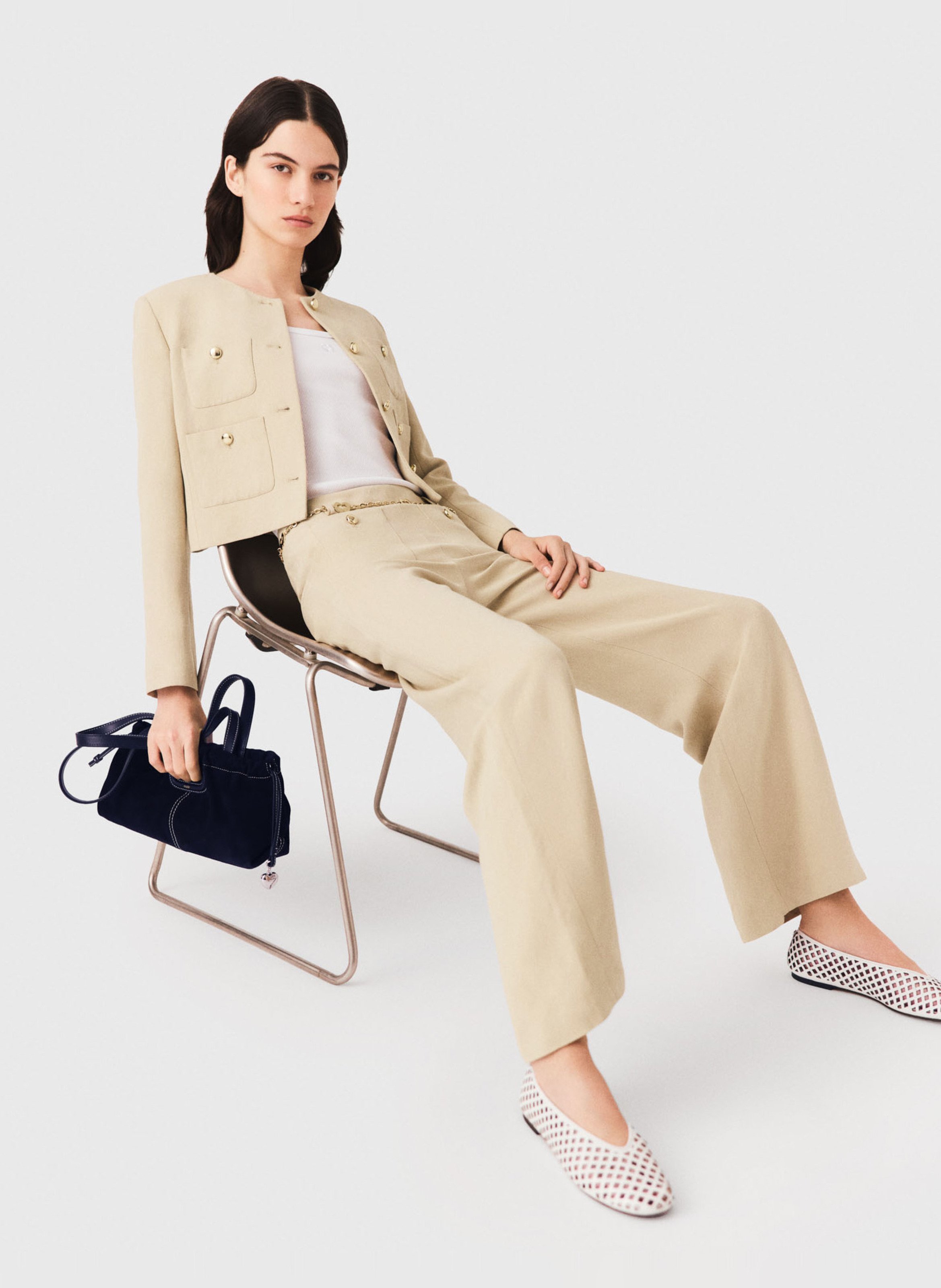 Pantalon large taille mi-haute MAJE Beige