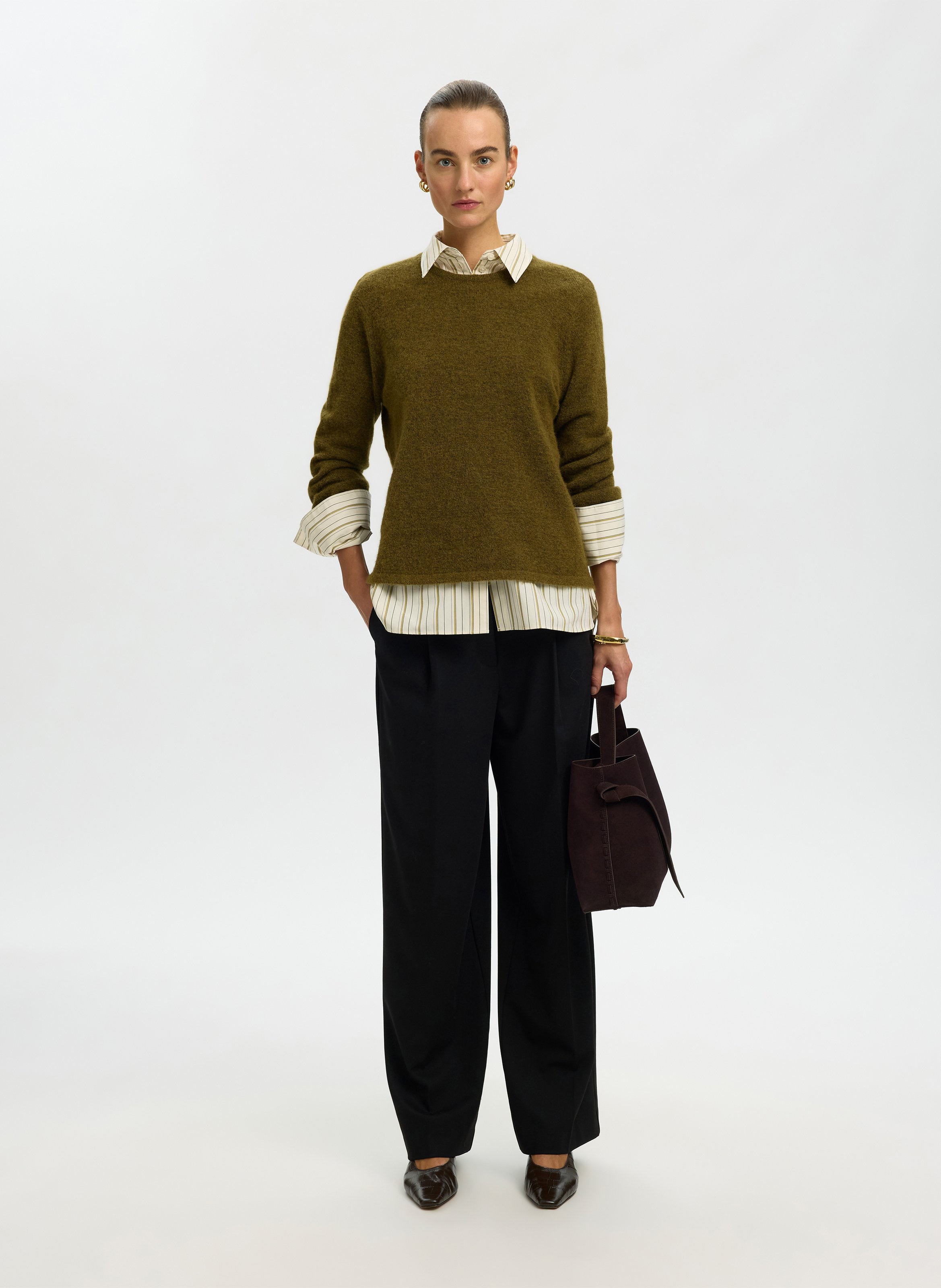 Oversize round-neck knit sweater SELECTED Green
