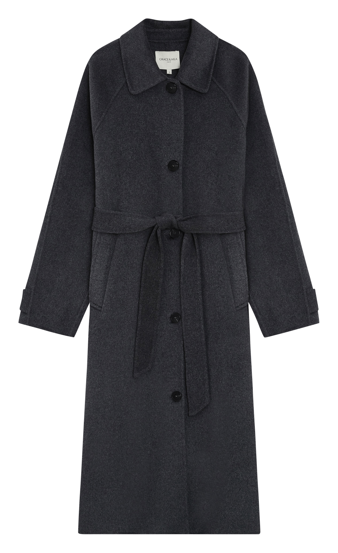 Manteau long ceinturée en laine mélangée  | Noir GRACE ET MILA Femme