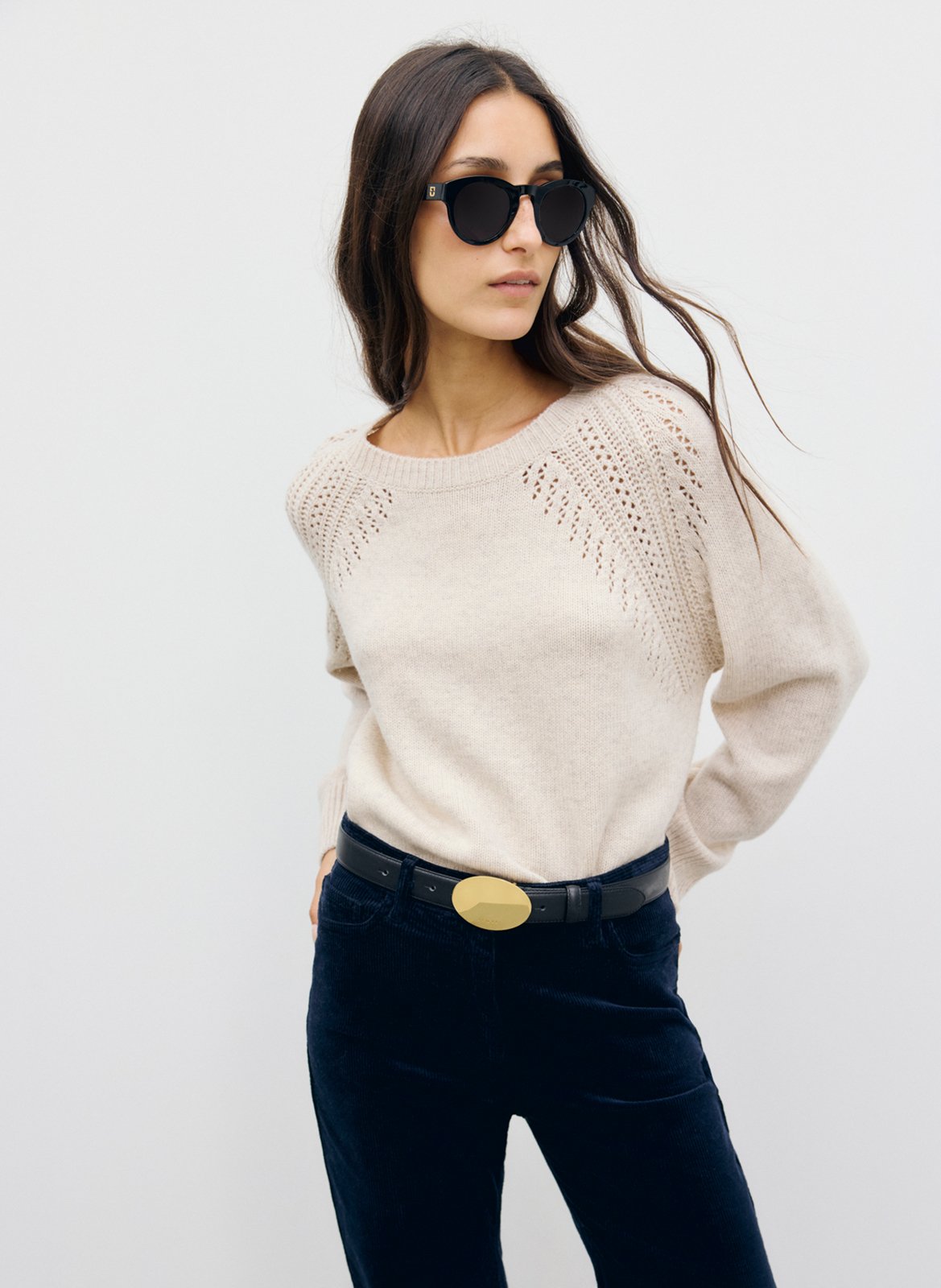 Pull droit col rond ajouré en laine GERARD DAREL Beige