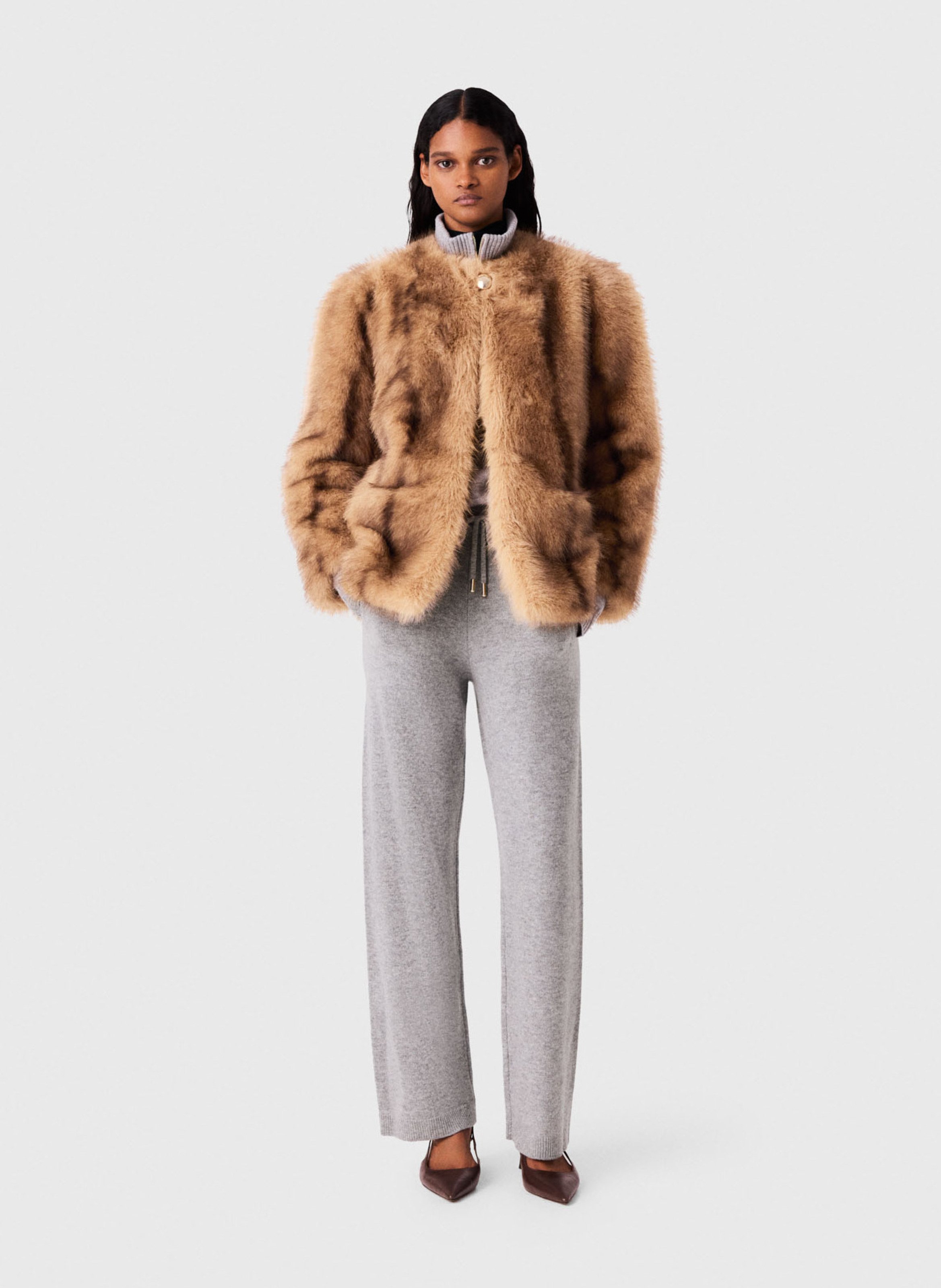 Manteau droit effet fourrure MAJE Beige