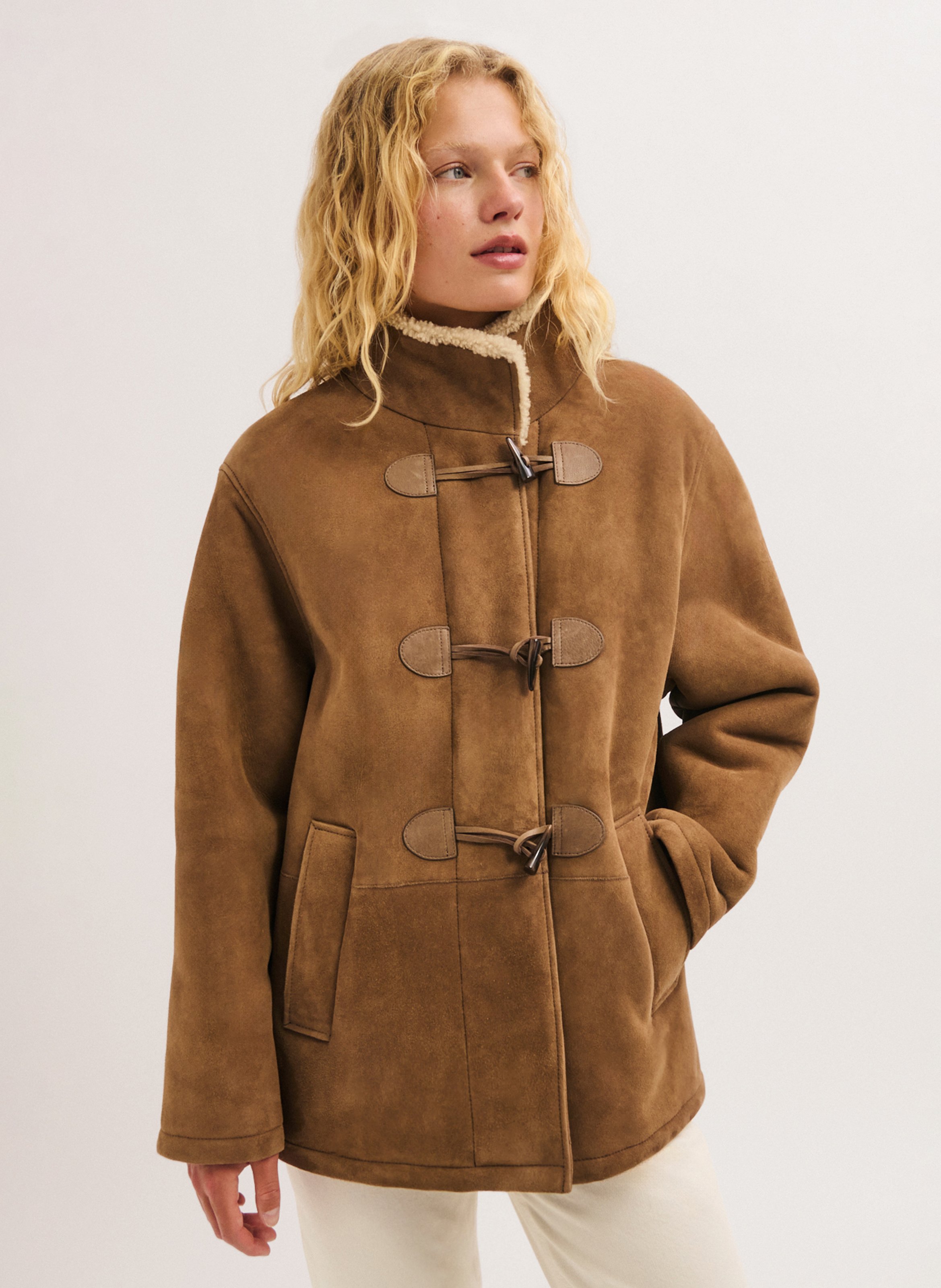 Manteau col montant droit uni en cuir PABLO Marron