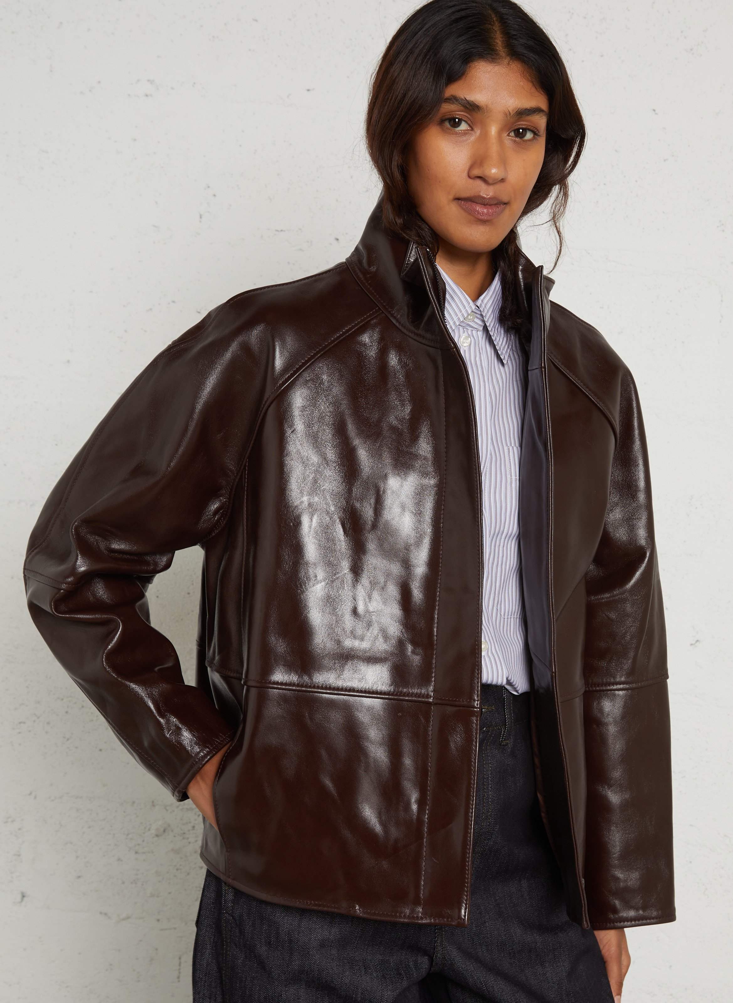 Loose-fitting high-neck leather jacket SOEUR Brown